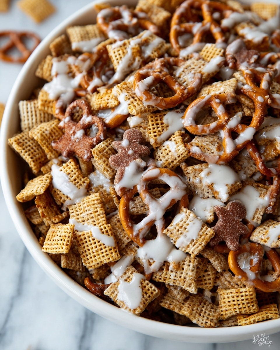 A close-up view of a white bowl filled with a snack mix made of multiple layers: the base layer shows golden-brown square cereal pieces with a grid texture, mixed with reddish-brown pretzels shaped in small loops; the top layer is drizzled with white icing in thin, uneven lines, adding a glossy contrast; tiny brown gingerbread man sprinkles are scattered throughout, adding small spots of decoration. All is set on a white marbled surface. photo taken with an iphone --ar 4:5 --v 7