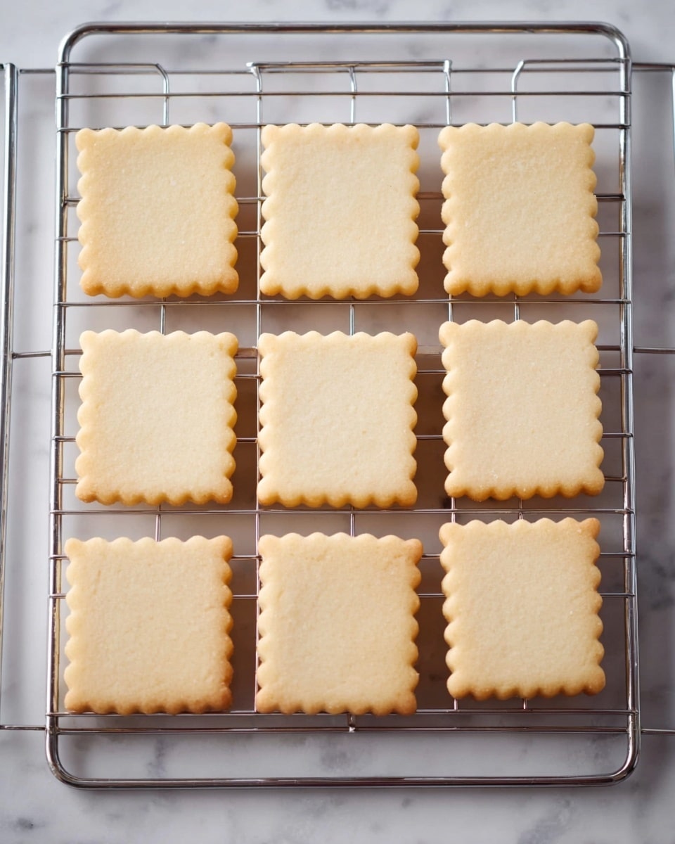 Nine square sugar cookies with scalloped edges, each showing a smooth, light golden surface with a slightly textured finish, are evenly spaced on a silver cooling rack. The cooling rack sits atop a white marbled surface. The cookies are arranged in a grid of three rows and three columns, with small gaps between each cookie, highlighting their uniform shape and size. photo taken with an iphone --ar 4:5 --v 7