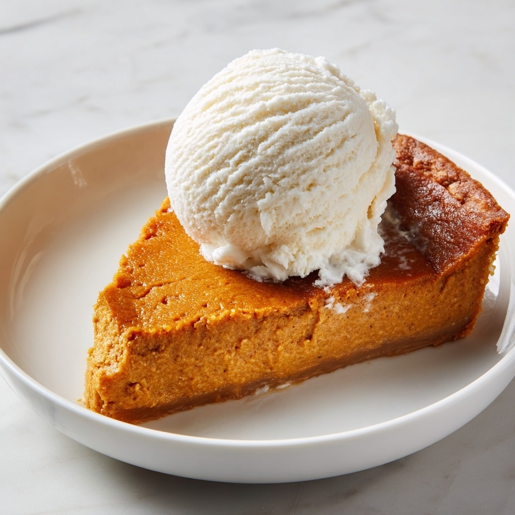 A close-up of a slice of pumpkin pie showing three layers: the bottom crust is not visible in this view, the thick middle layer is smooth and pumpkin orange with a soft texture, and the top layer is a shiny, dark caramelized glaze with small cracked patches. On top of the pie, there is a thick dollop of creamy white whipped cream sprinkled with a light dusting of brown cinnamon powder. The slice is set on a white plate over a white marbled surface. Photo taken with an iphone --ar 4:5 --v 7