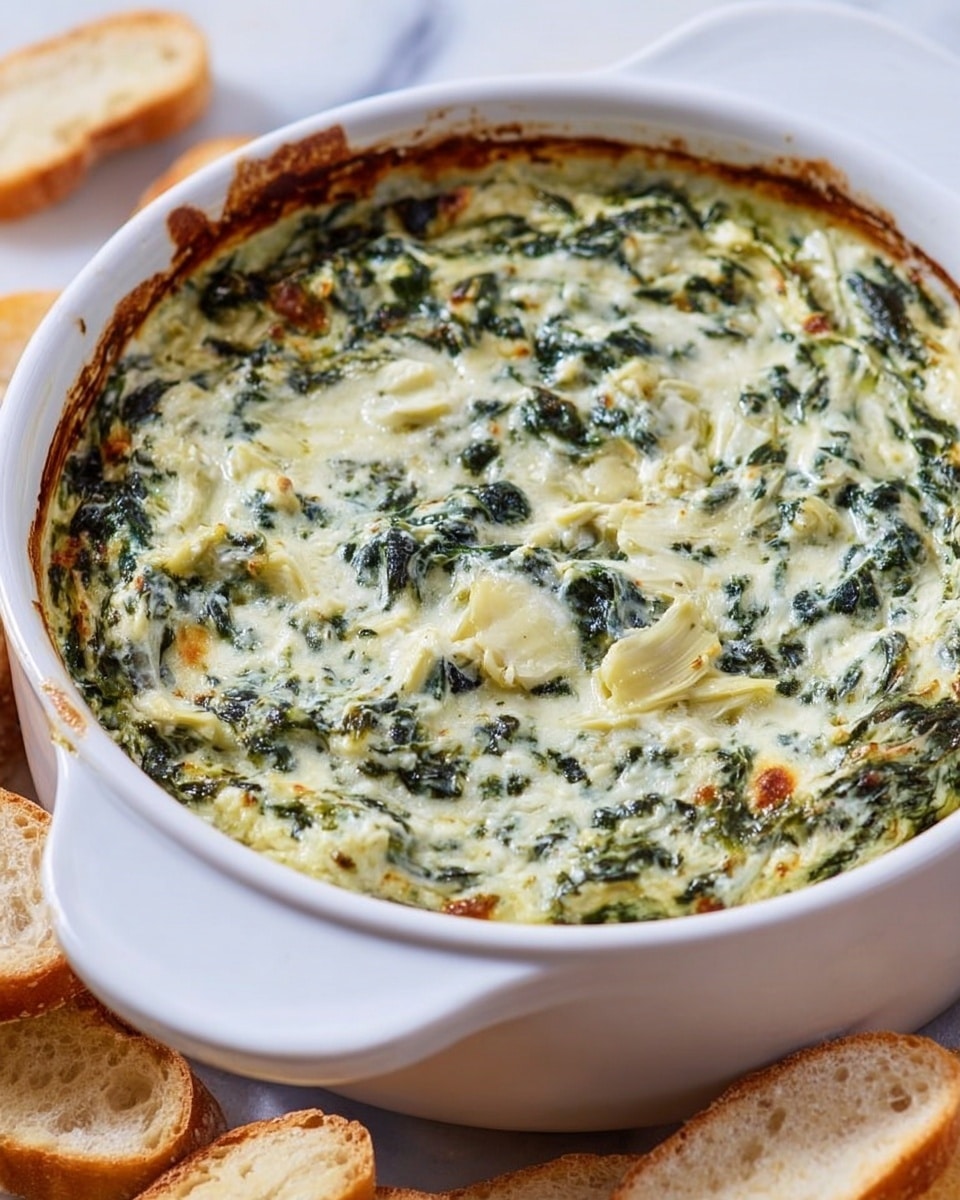 A close-up view of a single-layer baked spinach and artichoke dip in a white round baking dish with handles, showing a creamy mixture with green spinach leaves and pale artichoke pieces spread evenly throughout, some baked browned edges near the rim. The dish sits on a white marbled surface with pieces of sliced bread partially visible around the bottom edge. Photo taken with an iphone --ar 4:5 --v 7