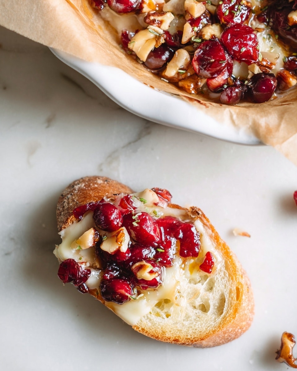 A small toasted piece of bread with a light golden crust and soft inside sits on a white marbled tile surface, topped with a layer of melted creamy cheese, bright red cooked cranberries, and chopped nuts with a sticky, shiny red sauce. Above it is a white ceramic dish lined with brown parchment paper holding more of the same mixture with visible layers of melted cheese, cranberries, nuts, and sauce. The background is a white marbled texture. Photo taken with an iphone --ar 4:5 --v 7
