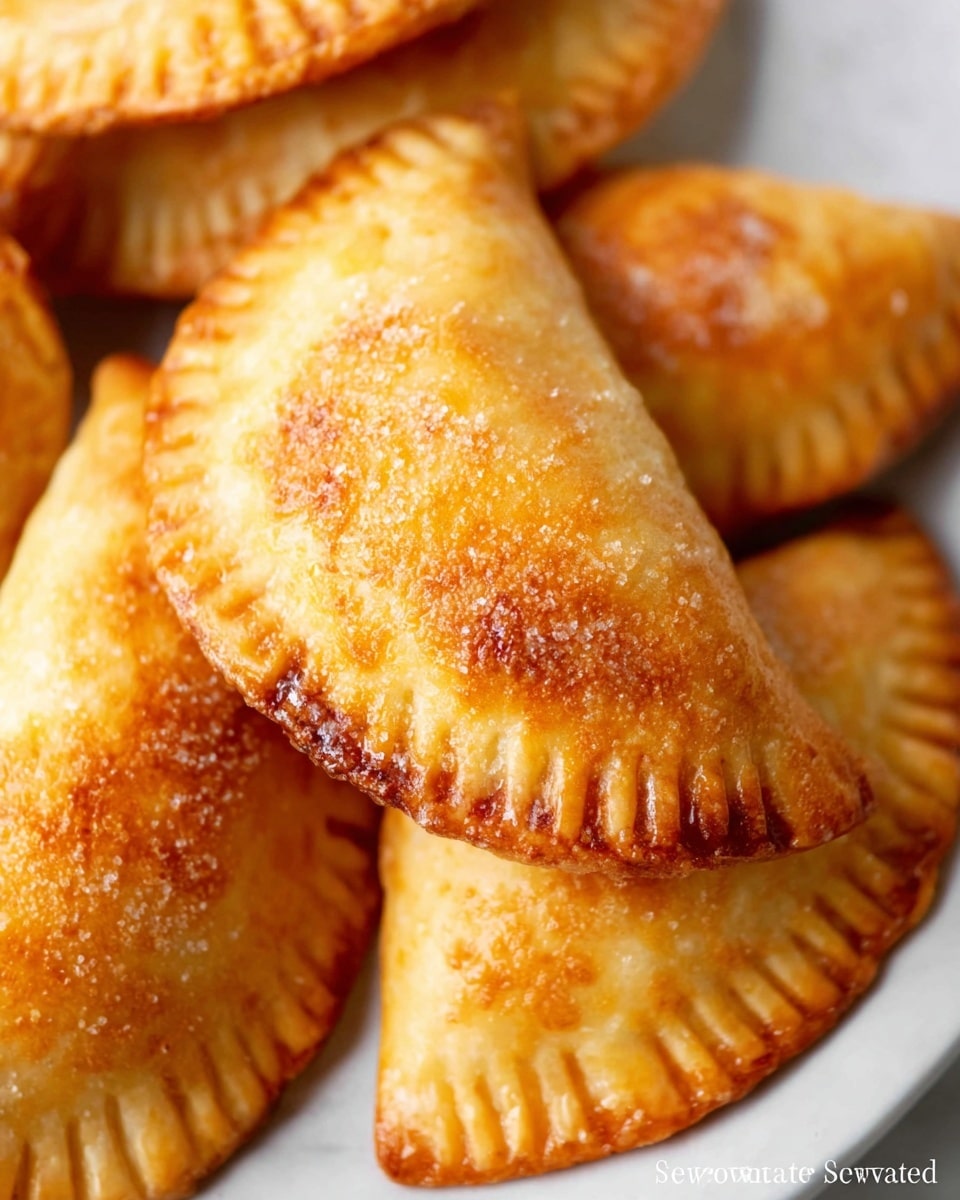 A close-up of golden brown hand pies arranged closely on a white plate showing their crimped edges and slightly textured, flaky crusts sprinkled with coarse sugar. The pies have a warm, crispy outer layer with subtle variations in brown tones, some parts darker and some lighter, giving a fresh baked look. The hand pies are positioned slightly overlapping each other, emphasizing their crescent shape and baked surface details against a white marbled background. photo taken with an iphone --ar 4:5 --v 7