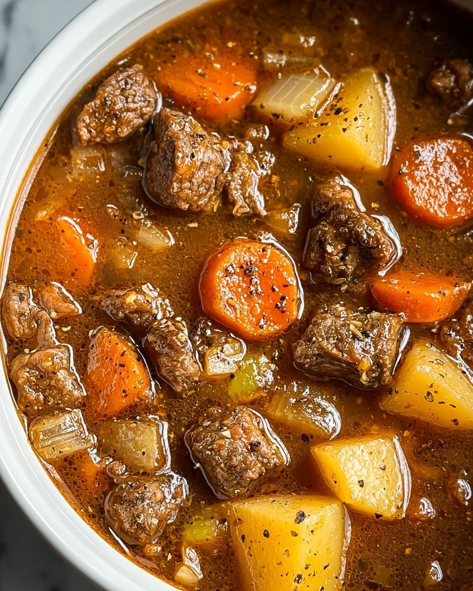 A close-up view of a hearty beef stew in a white bowl, filled with a rich brown broth and chunky pieces of beef. The dish has visible layers of bright orange carrot slices, light yellow potato chunks, and small pieces of translucent onion scattered throughout. The surface of the stew shows a glistening texture with visible specks of black pepper and herbs, giving a rustic and comforting appearance. The white bowl contrasts with the stew's warm colors, placed against a white marbled surface. Photo taken with an iphone --ar 4:5 --v 7