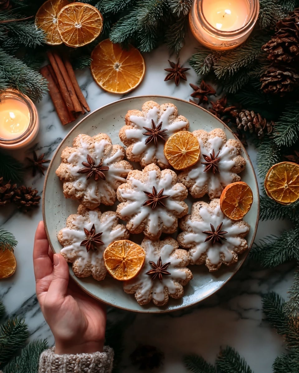 A round white plate filled with eight cookies shaped like flowers, each cookie covered with a light white glaze that drips over the edges showing a light brown, textured surface underneath. On top of the cookies are placed three dried orange slices, three dark brown star anise spices, and two cinnamon sticks, adding extra detail and color. A woman's hand holds the right edge of the plate. Around the plate are green pine branches, more dried orange slices, pine cones, and two lit candles in glass jars, giving the scene a warm, cozy, festive feeling on a white marbled surface. photo taken with an iphone --ar 4:5 --v 7
