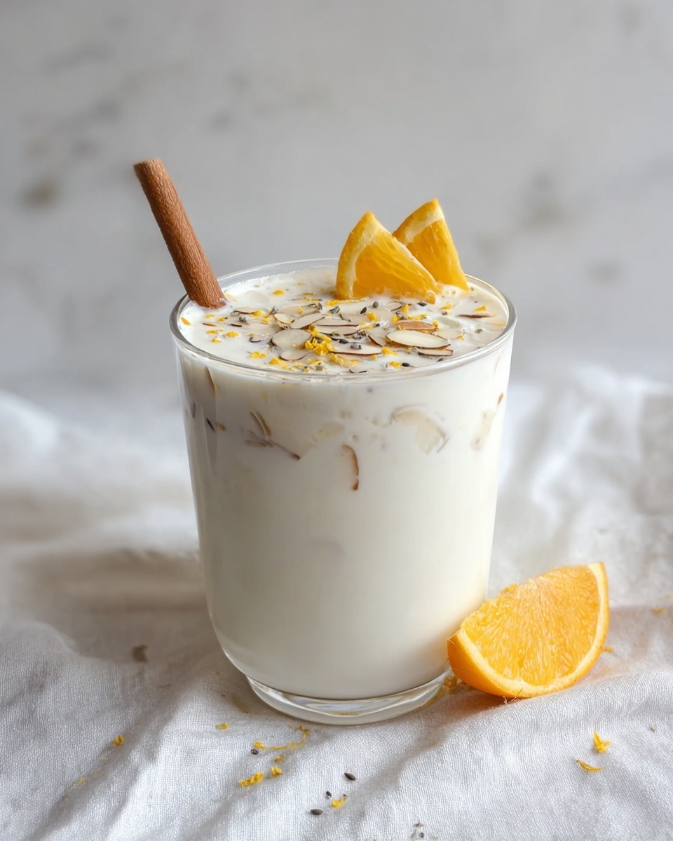 A clear glass filled with a creamy white frothy drink topped with thinly sliced almonds, small dark seeds, and light yellow zest scattered across the surface; two small orange slices are placed on the edge of the glass, adding a bright, fresh color contrast; a light brown wooden stick rests inside the glass on the left side; the glass sits on a soft white cloth against a white marbled background. photo taken with an iphone --ar 4:5 --v 7
