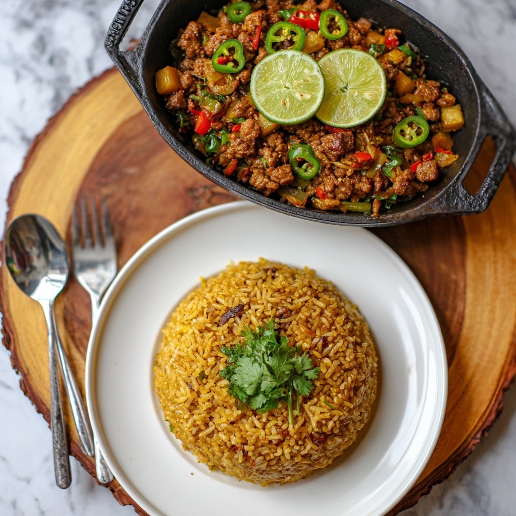 The image shows a close-up of a cooked dish with two main parts: a mound of golden brown fried rice on a white plate, topped with a small bunch of fresh green cilantro, and a cast iron pan filled with a mix of brown cooked meat and vegetables, including small chunks of tofu and green chili peppers, garnished with two halves of a bright green lime on top. The rice has a slightly oily texture with some visible grains and small bits of vegetables mixed in. The pan is placed on a rustic wooden round board, and the whole scene is set on a white marbled surface, with a silver spoon and fork partially visible near the rice. photo taken with an iphone --ar 4:5 --v 7