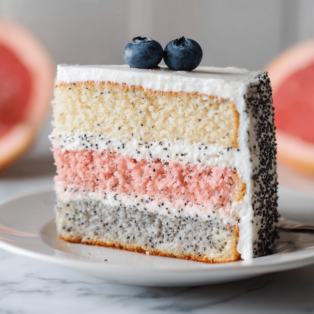 A close-up view of a slice of grapefruit poppy seed cake shows four layers stacked neatly. From the bottom, there is a light grey poppy seed cake layer with tiny black seeds, followed by a soft pink grapefruit-flavored layer. Above this is another poppy seed cake layer dotted with black seeds, and on top is a thick white frosting layer sprinkled with small black poppy seeds. The cake slice sits on a white plate, with a white marbled background and a pink grapefruit slice partially visible on the side. The top of the cake is decorated with two fresh blueberries. photo taken with an iphone --ar 4:5 --v 7