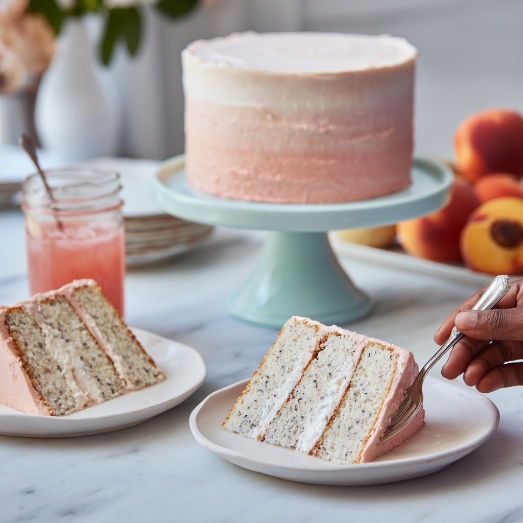 The image shows a tall round cake with a smooth frosting layer that fades from light pink at the bottom to white at the top, sitting on a pale blue cake stand. In front, there are two white plates each holding a slice of the cake, revealing three layers of white cake with small dark specks, separated by light pink cream filling. A woman's hand holds a silver fork near one slice. In the background, there is a glass jar filled with pink sauce or juice and a couple of peaches on a white marbled surface. photo taken with an iphone --ar 4:5 --v 7