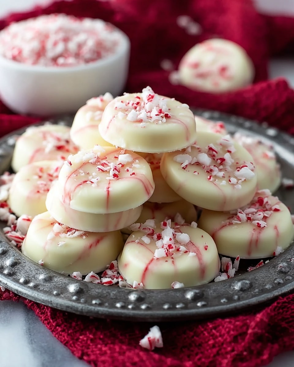 A pile of round, white cookies is stacked closely on a white speckled plate. Each cookie has a smooth, creamy texture and is topped with crushed red and white peppermint candy pieces, adding a rough, crunchy layer on the surface. The cookies are slightly raised in the center, showing their thick and soft form, with some peppermint bits also embedded inside the cookies. The background is a soft, white marbled texture that contrasts with the red, white, and creamy colors of the treats, making the cookies the main focus. Photo taken with an iphone --ar 4:5 --v 7