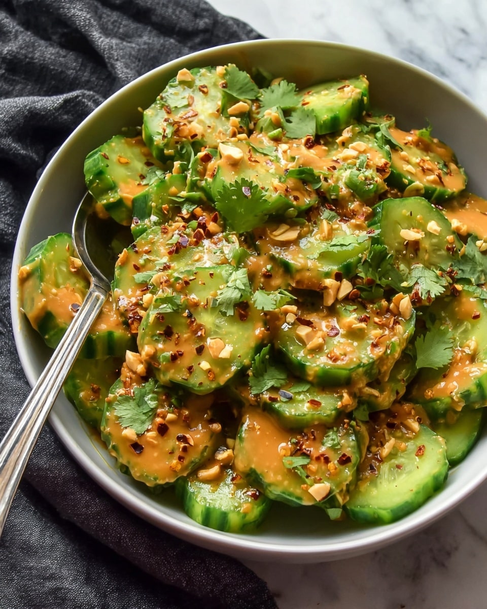 A white bowl filled with two main layers: the bottom layer has thick, crisp green cucumber slices with ruffled edges, while the top layer is coated in a creamy, peanut-colored sauce sprinkled with small pieces of crushed peanuts, dark red chili flakes, and fresh green cilantro leaves, giving it a textured and colorful look; a silver spoon rests inside the bowl, and the bowl is placed on a white marbled surface with a dark gray cloth nearby. photo taken with an iphone --ar 4:5 --v 7