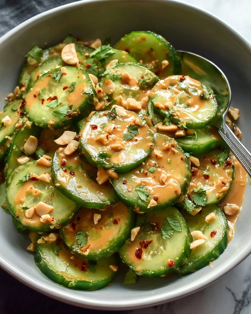A close-up of a white bowl filled with several layers of bright green cucumber slices that are evenly coated with a creamy light brown peanut sauce. The cucumbers have a fresh, juicy texture and are scattered with crushed peanuts, small red chili flakes, and bits of fresh green cilantro leaves. The sauce looks smooth and thick, clinging to the cucumber pieces. A silver spoon peeks out from the right side of the bowl, all placed on a white marbled surface. photo taken with an iphone --ar 4:5 --v 7