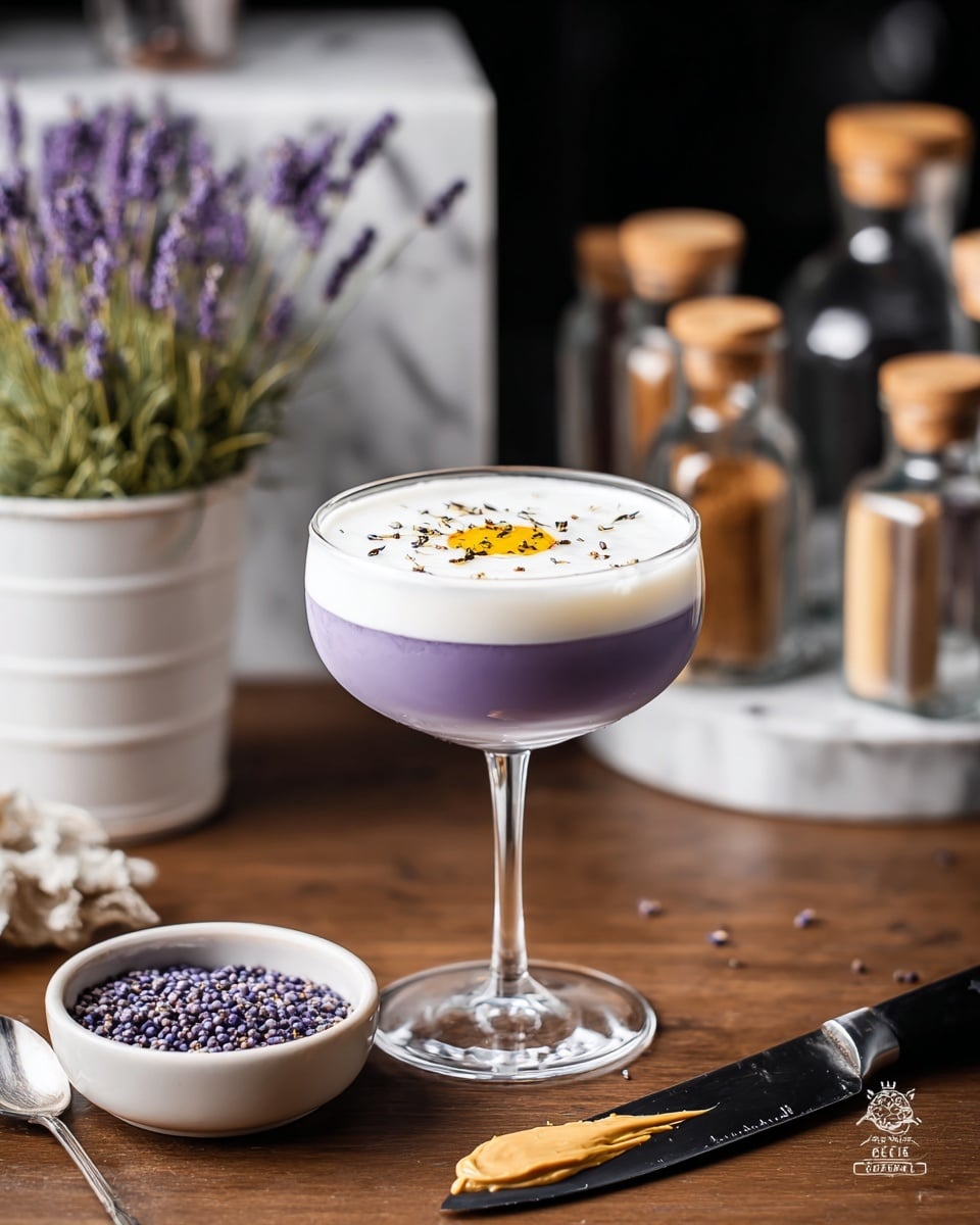 A three-layered drink served in a clear coupe glass, with the bottom layer in light purple, the middle layer creamy white, and the top layer thick white foam. The foam is decorated with a small brown biscuit, a sprinkle of cinnamon powder, and a small sprig of dried flowers on the right side near the biscuit. The glass is placed on a rustic wooden table with scattered herbs and crumbs around, and a white marbled texture is visible in the background. photo taken with an iphone --ar 4:5 --v 7