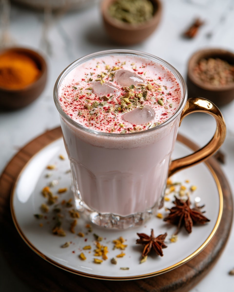 A clear glass mug with a golden handle is filled with a light pink creamy drink that has ice cubes floating on top. The drink is sprinkled with small green herb pieces and a dusting of red powder, giving a textured look. The glass sits on a white plate with a gold rim, which is decorated with scattered star anise and light yellow seeds around its edge. The plate is placed on a round wooden board, and the background is a soft blur with bowls of spices visible. The surface beneath is a white marbled texture. photo taken with an iphone --ar 4:5 --v 7