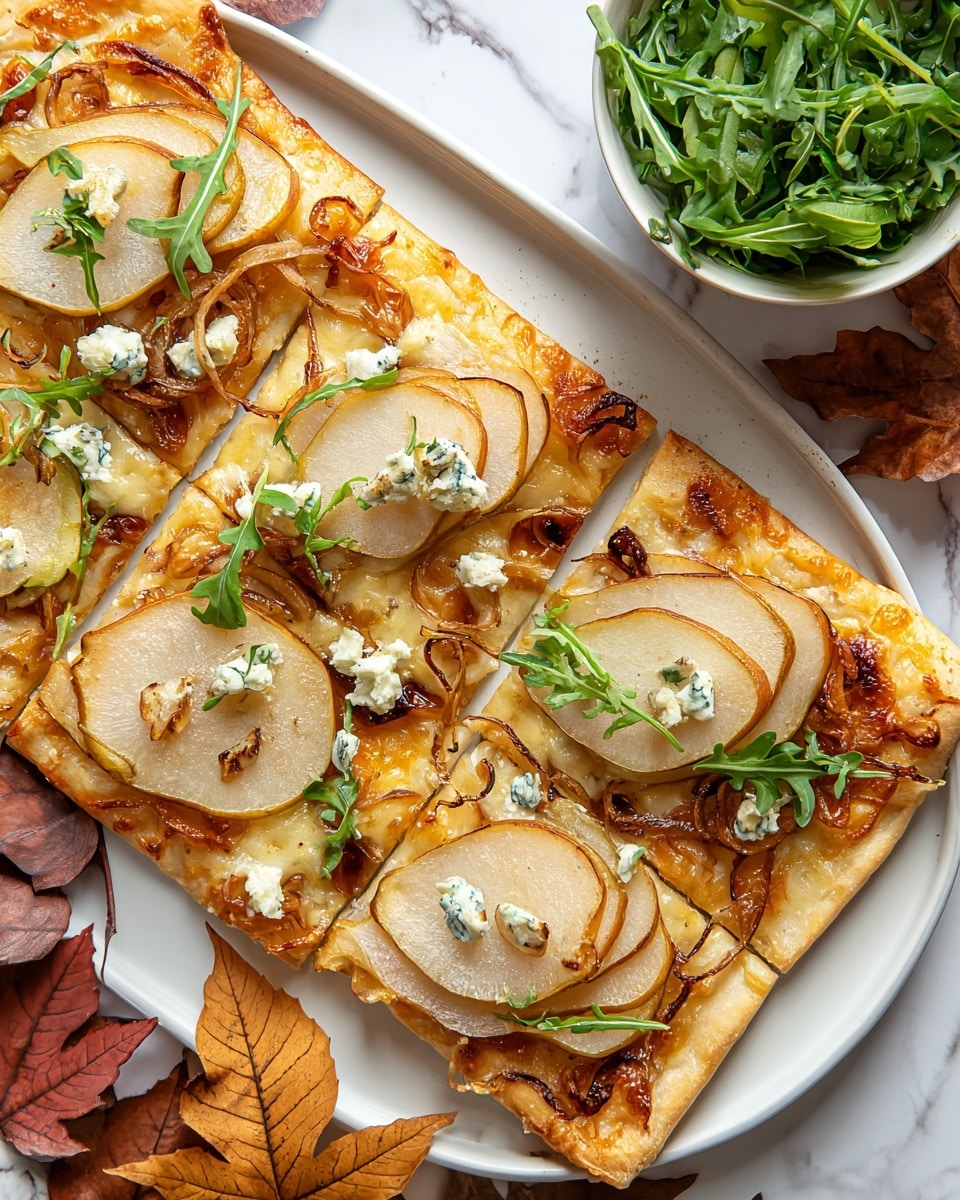A rectangular flatbread pizza with a golden-brown crust sits on a white plate over a white marbled surface. The first layer shows melted cheese bubbling through the crust edges. On top are many thin slices of light tan pears, slightly cooked with a soft texture, arranged in overlapping rows across the flatbread. Scattered caramelized onions add a shiny, dark amber layer beneath the pears. Small dollops of white creamy cheese with green herbs are spread across the pizza. Fresh, bright green arugula leaves are placed on top in a few groups, adding a fresh contrast. A small white cup filled with more arugula sits beside the plate alongside dried autumn leaves on the white marbled background. photo taken with an iphone --ar 4:5 --v 7