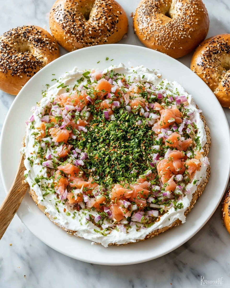 A white plate sits on a white marbled surface, holding a layered dish that starts with a thick, creamy white spread evenly spread in a round shape; on top are scattered small chopped pieces of pinkish-orange smoked salmon and finely diced light purple onions, followed by a dense layer of finely chopped bright green herbs covering the center. Surrounding the plate are several golden brown bagels sprinkled with white and black seeds. A wooden spreader rests on the edge of the plate, slightly angled inward. Photo taken with an iphone --ar 4:5 --v 7