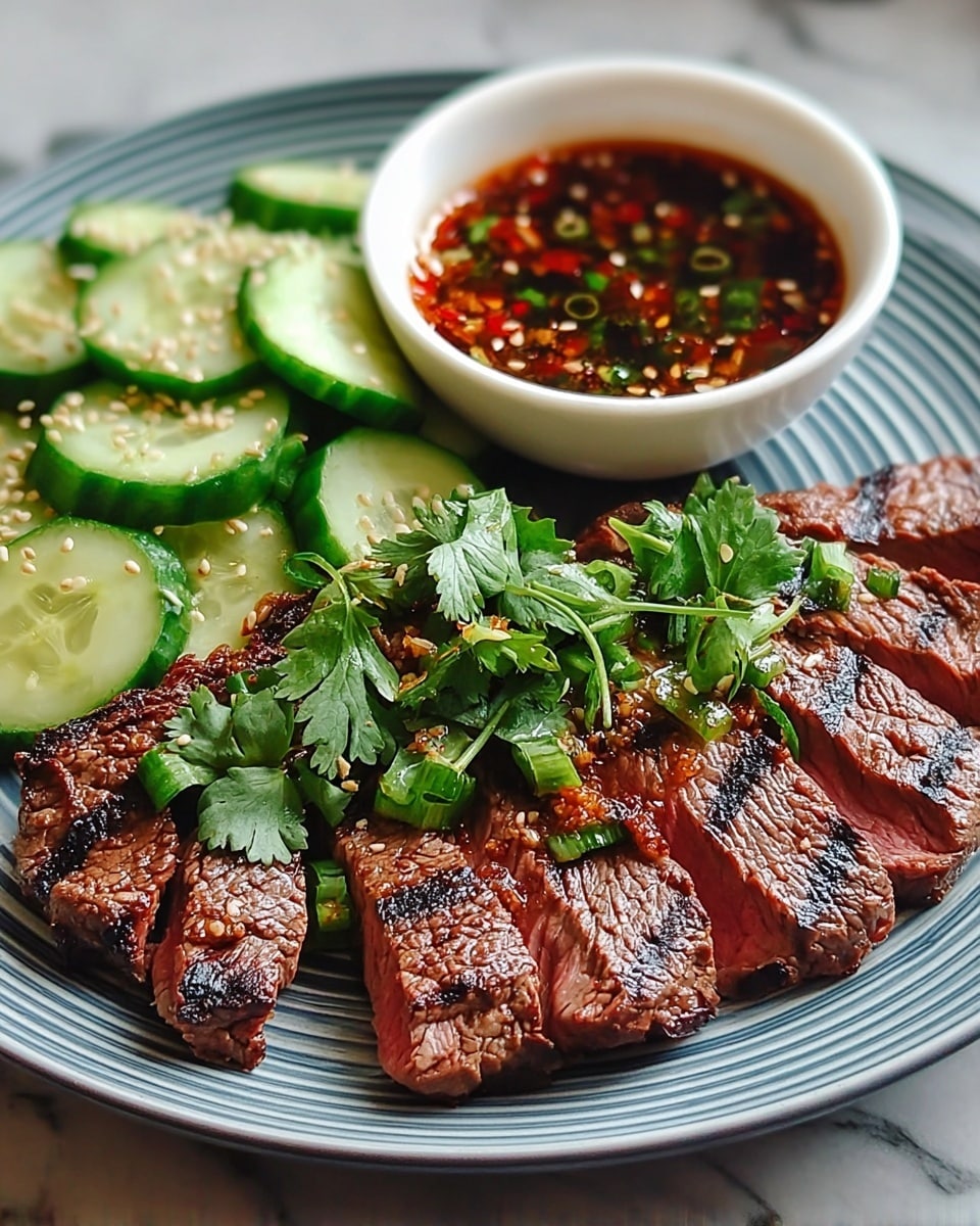 The image shows a white plate with blue stripes containing four layers: the bottom layer is several thick slices of grilled steak with a pink inside and charred grill marks, arranged in a fan shape toward the front; on top of the steak, there is a layer of fresh green cilantro leaves with some sesame seeds sprinkled around; next to the steak on the left side, there is a pile of sliced cucumbers, pale green with darker green edges; finally, on the top right, there is a small white bowl filled with a dark red sauce containing small bits of green herbs and chili flakes. The plate sits on a white marbled surface. photo taken with an iphone --ar 4:5 --v 7