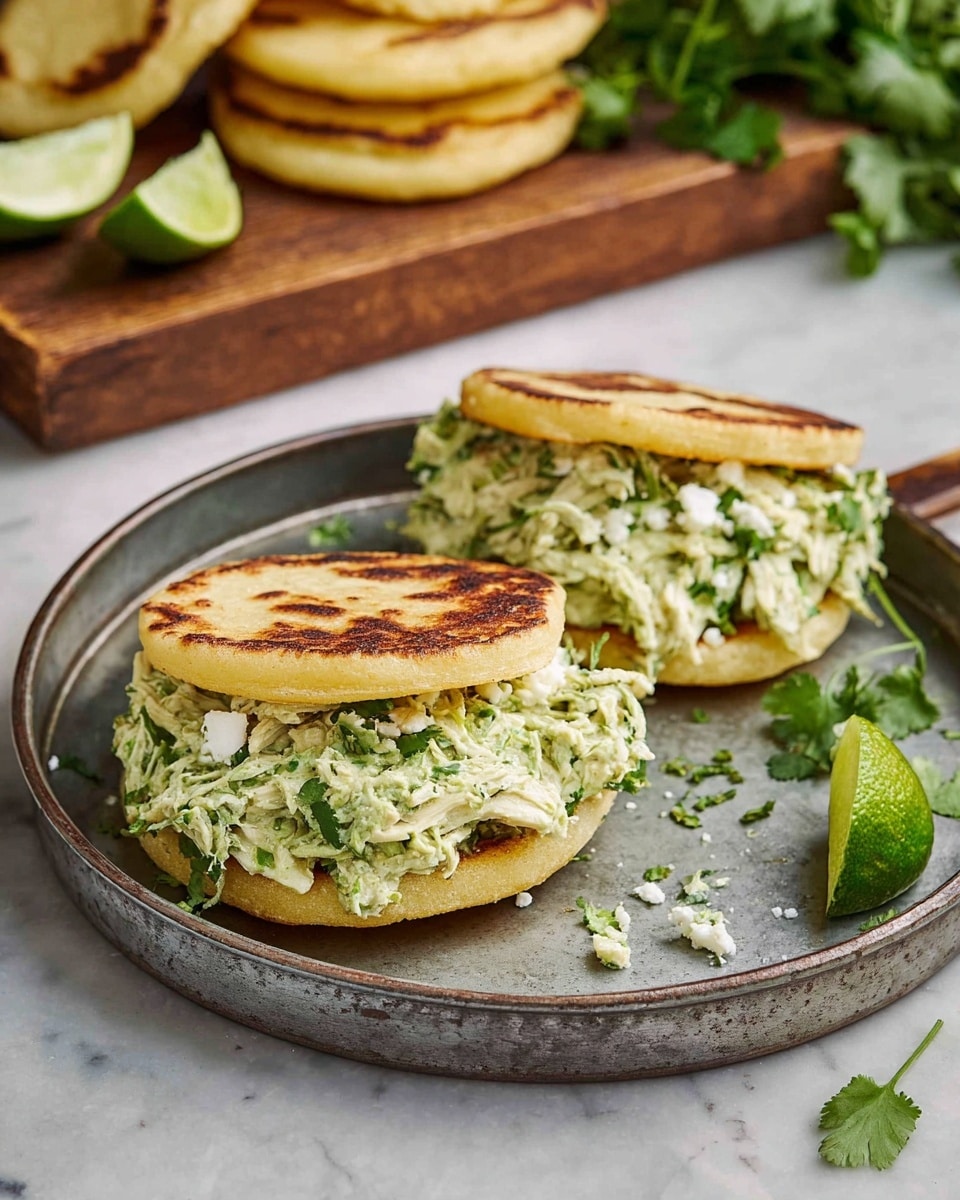 Two arepas on a round metal tray, each made of two thick, slightly browned, and toasted cornmeal cakes with a rough surface. Between the cakes is a generous layer of creamy green shredded chicken salad mixed with herbs and bits of white cheese, which spills out slightly from the edges. A small bright green lime wedge and fresh cilantro leaves rest on the tray beside the arepas. The tray is set on a white marbled textured surface, with a wooden board holding more arepas and lime wedges visible in the background. photo taken with an iphone --ar 4:5 --v 7