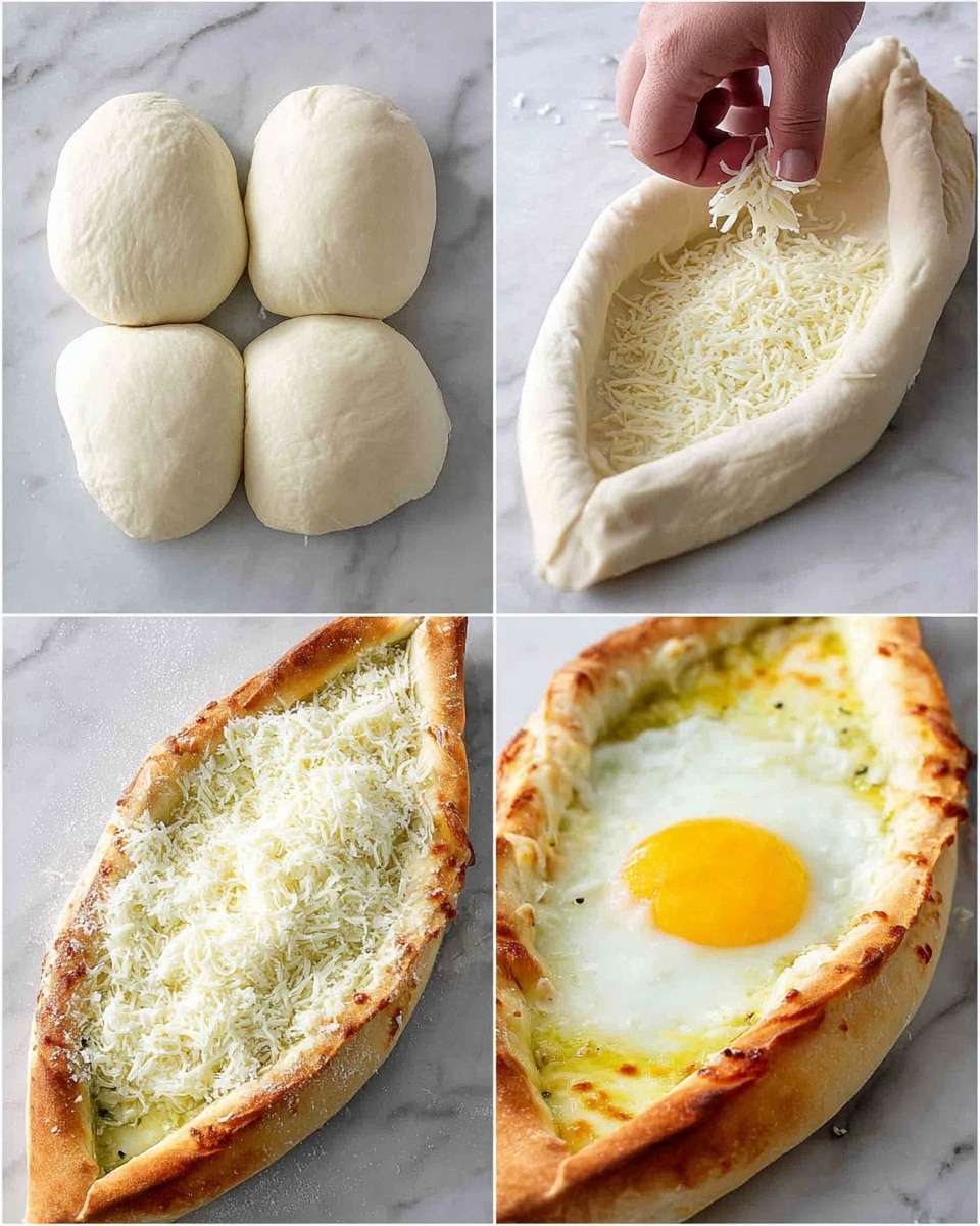 The image shows four steps of making a baked boat-shaped bread with cheese and an egg. The first step displays soft white dough divided into four parts on a white marbled surface. The second step shows a woman's hand folding and shaping the dough into a small boat form with rolled edges. The third step includes a layer of grated white cheese spread evenly inside the dough boat over the shiny egg-washed crust. The final step reveals the baked golden-brown crust with melted cheese and a whole cooked egg with a bright yellow yolk in the center. photo taken with an iphone --ar 4:5 --v 7