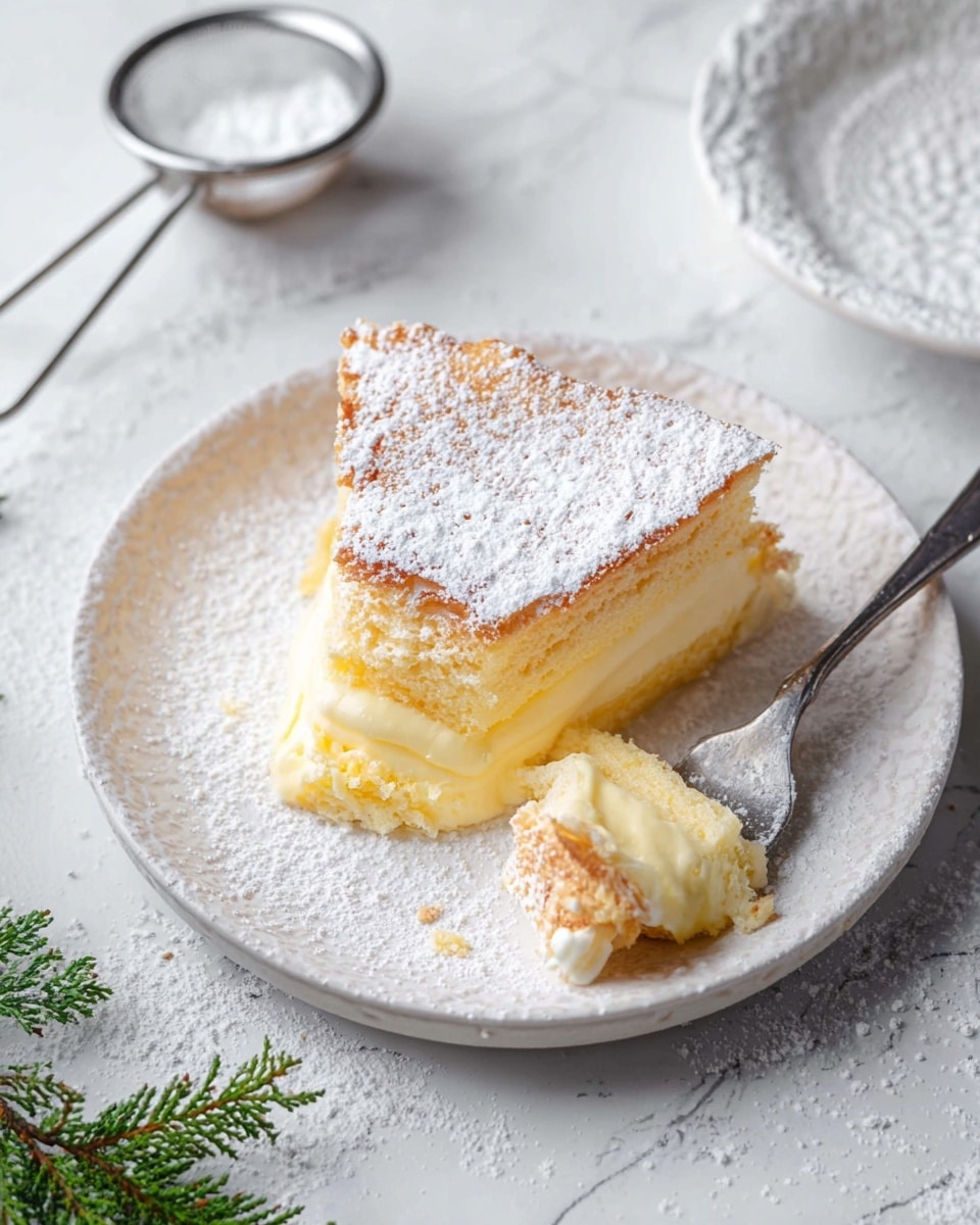A slice of creamy layered custard cake sits on a white textured plate. The cake has two layers: a light golden brown thin crust on top dusted generously with white powdered sugar, and a thick pale yellow custard filling beneath that looks smooth and soft. A fork with a bite-sized piece of the custard and crust rests beside the cake on the plate. The plate is on a white marbled surface with a small white textured plate holding a metal sieve filled with powdered sugar in the background. Small green pine leaves are placed near the bottom left corner. Photo taken with an iphone --ar 4:5 --v 7