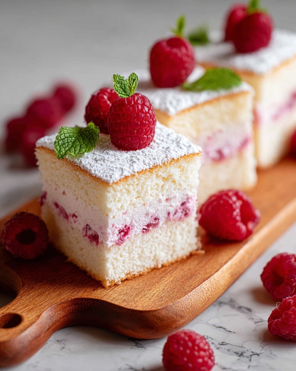 The image shows four square pieces of a light, fluffy white sponge cake layered with a pink raspberry cream filling that has raspberry bits inside. Each piece is topped with two fresh red raspberries and a small green mint leaf. The cakes are neatly arranged in a diagonal line on a wooden board with a smooth finish. Around the board, there are a few loose raspberries as decoration, all set on a white marbled surface. Photo taken with an iphone --ar 4:5 --v 7