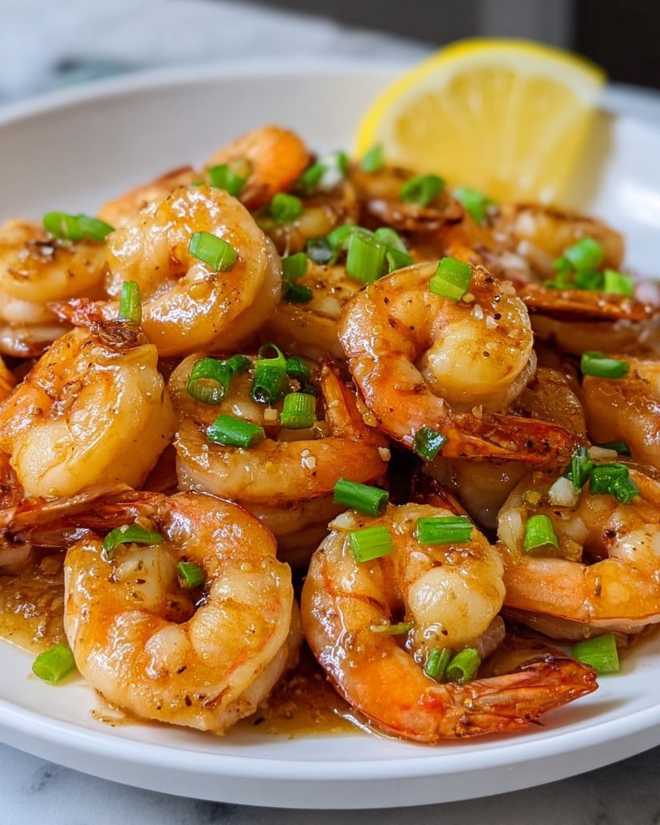 The image shows a white plate filled with a single layer of cooked shrimp. The shrimp are orange with some browned spots, glistening with a light sauce. They are sprinkled with small pieces of green onions, adding bright green color on top. In the background, there is a wedge of lemon resting against the shrimp on the plate. The whole plate sits on a white marbled surface. Photo taken with an iphone --ar 4:5 --v 7