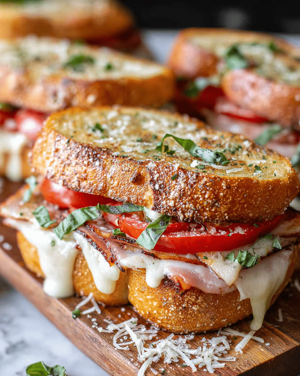 The sandwich shows three layers inside a long, lightly toasted bun topped with herbs and spices. The bottom layer is a slice of grilled chicken with a golden brown texture. Above it, there are bright red tomato slices and pieces of cooked bacon with a slight gloss. The top layer is melted white cheese with some green basil leaves and a light sprinkle of black pepper on top. The sandwich sits on a wooden board with a white marbled background visible underneath the board. Photo taken with an iphone --ar 4:5 --v 7