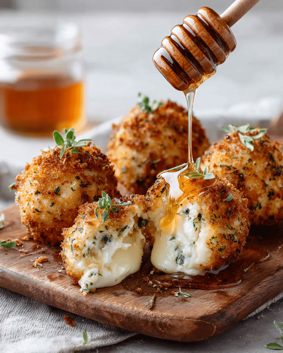 The image shows five crispy, golden brown fried cheese balls arranged on a wooden serving board. Each ball has a crunchy outer layer with a speckled texture of herbs, and one is cut open, revealing a soft, creamy white cheese filling with green herbs inside. Honey is being drizzled over the cheese balls from a wooden honey dipper, creating a sticky, shiny layer that glistens in the light. Small green herb leaves are sprinkled on top of the balls and honey. In the background, a glass jar of honey sits blurred on a white marbled surface. photo taken with an iphone --ar 4:5 --v 7