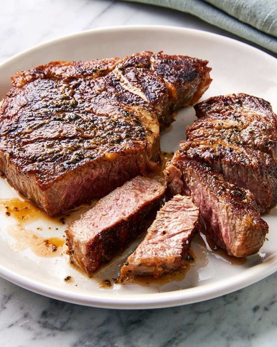The image shows a white plate on a white marbled surface, holding two thick pieces of cooked steak. One steak is whole with a browned, slightly crispy outside, while the other is cut into two thick slices, revealing a pink, juicy inside. The steaks have a textured surface with visible seasoning and grill marks, and there are small pools of meat juices on the plate around the steaks. Photo taken with an iphone --ar 4:5 --v 7