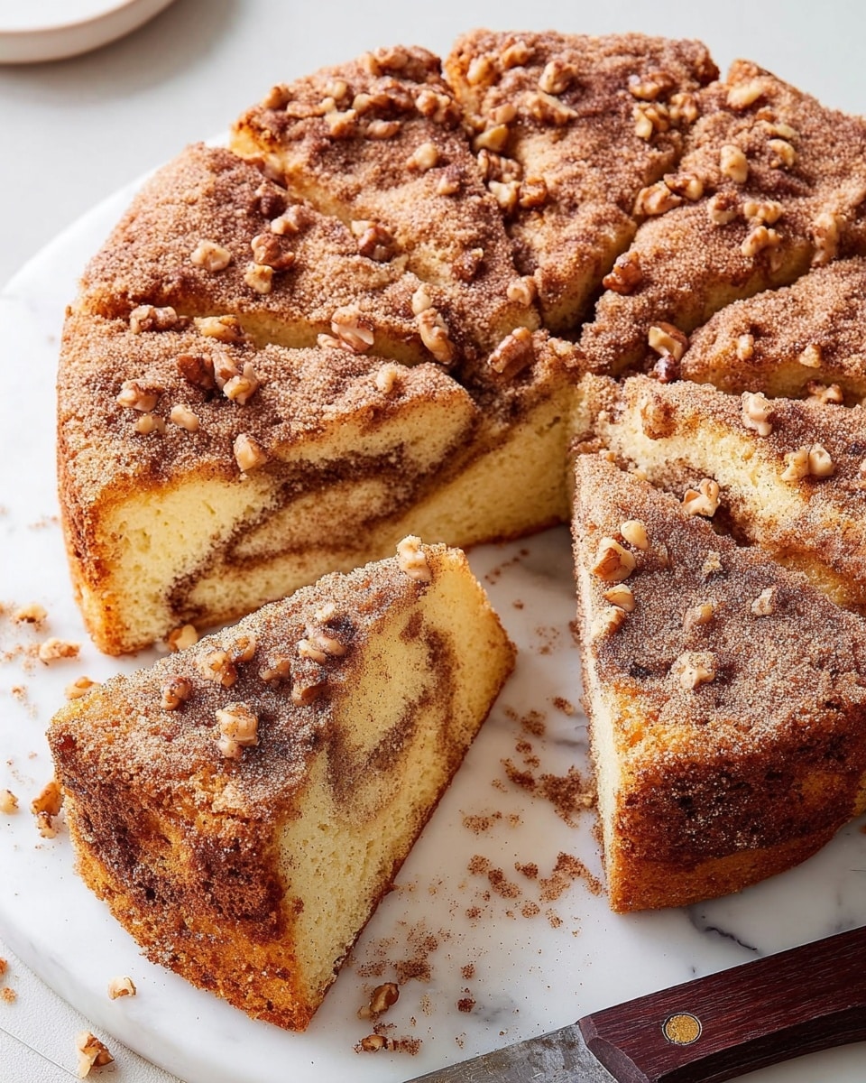 A round cinnamon coffee cake with a rough textured top covered in a layer of cinnamon sugar and scattered small brown nut pieces. The cake is cut into several slices, with one slice pulled out showing the inside, which has two visible layers: a light yellow soft cake layer and a darker cinnamon swirl layer running through the middle. The cake sits on a white marbled surface with crumbs scattered around. A knife with a dark wooden handle lies partially under the cake. Photo taken with an iphone --ar 4:5 --v 7