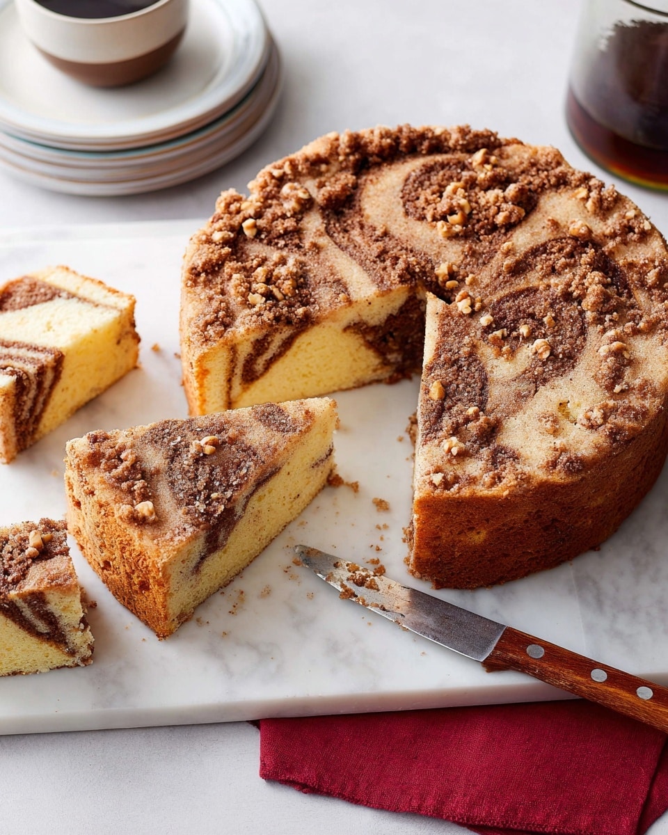The image shows a round cinnamon swirl coffee cake on a white cutting board placed on a white marbled surface. The cake has one slice already removed, revealing two clear layers inside: a light yellow cake layer with dark cinnamon swirls running through it, and a topping layer covered with a crumbly cinnamon sugar mixture and small nut pieces. Three slices are cut and placed beside the cake, showing the creamy yellow inside with dark cinnamon veins and crumbly topping visible. A knife with a brown wooden handle rests next to the cake, and a glass pot of coffee is nearby. In the top left corner, there is a stack of white plates with a red cloth underneath. Photo taken with an iphone --ar 4:5 --v 7