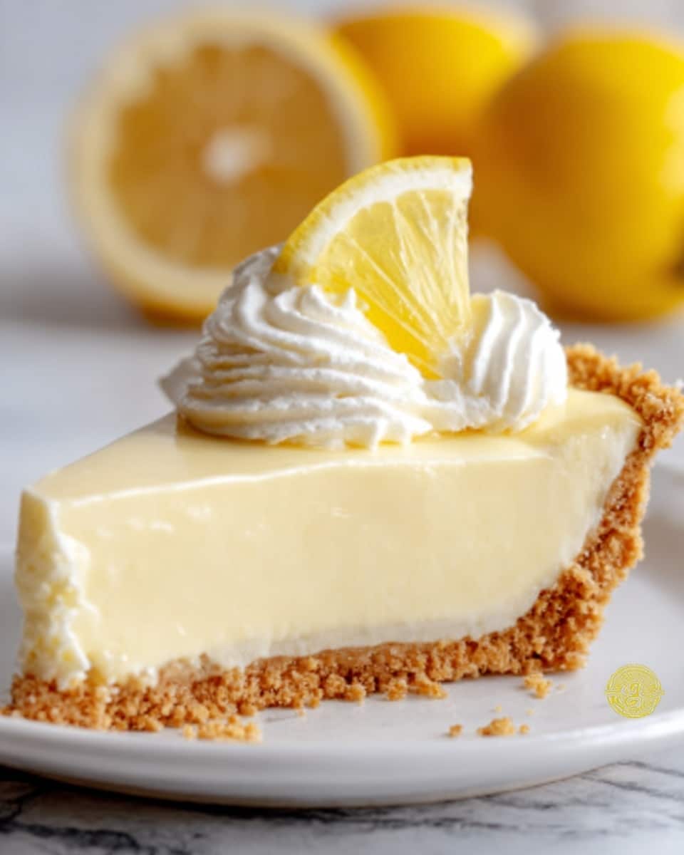 A slice of lemon cream pie is placed on a white plate, showing three clear layers: a light brown, crumbly crust at the bottom, a thick, smooth pale yellow lemon cream filling in the middle, and a small swirl of white whipped cream on top. A thin, bright yellow lemon slice sits on the whipped cream, tilted at an angle. The background has a white marbled texture with two halved lemons blurred in the distance. The photo taken with an iphone --ar 4:5 --v 7