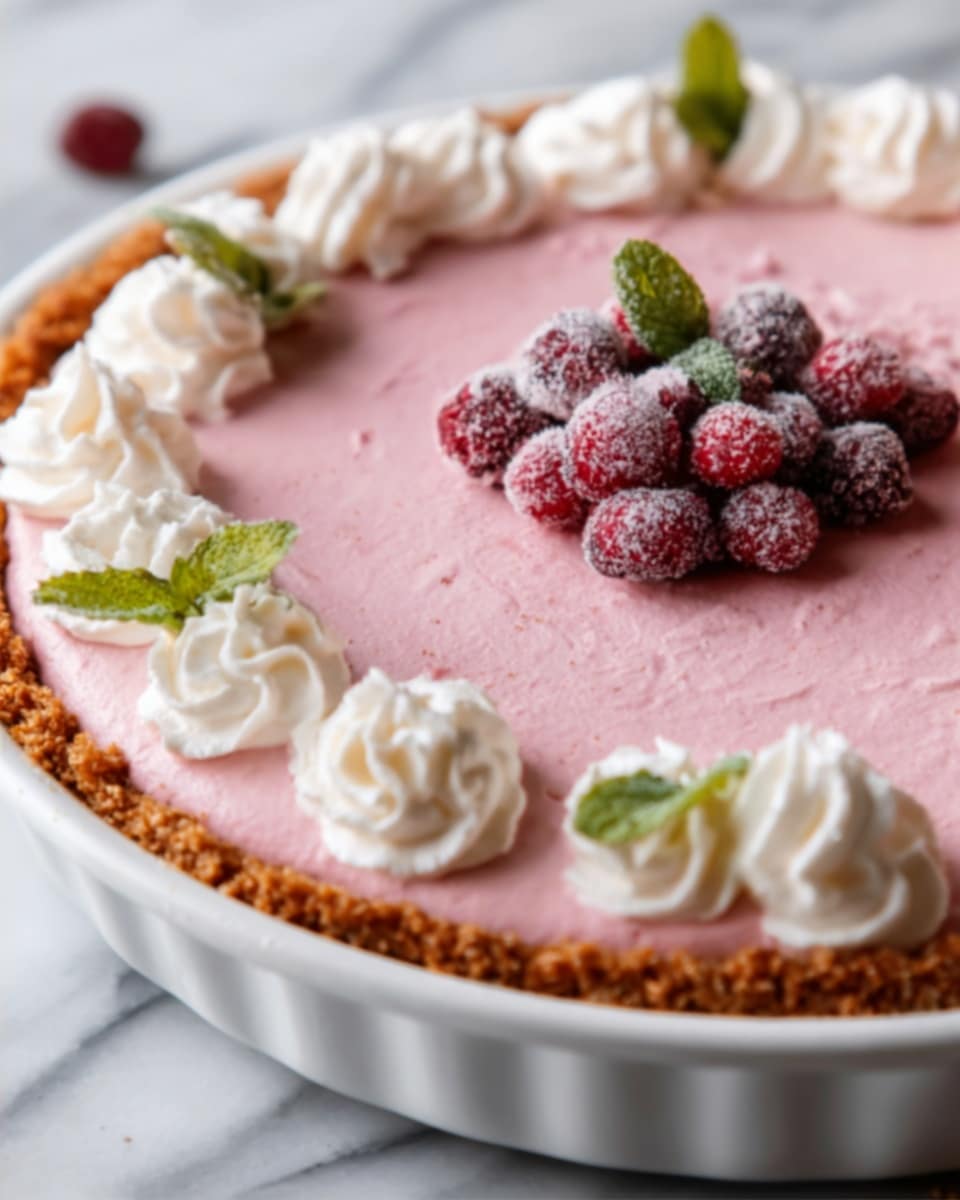A white pie dish holds a tart with a golden brown crumbly crust. Inside, the tart has a smooth pink cream layer, topped with white swirls of whipped cream evenly spaced around the edge. In the center, there is a small bunch of red berries covered in sugar, and a few green mint leaves add a fresh touch on top. The dish sits on a white marbled surface. A woman's hand is gently holding the edge of the dish. Photo taken with an iphone --ar 4:5 --v 7
