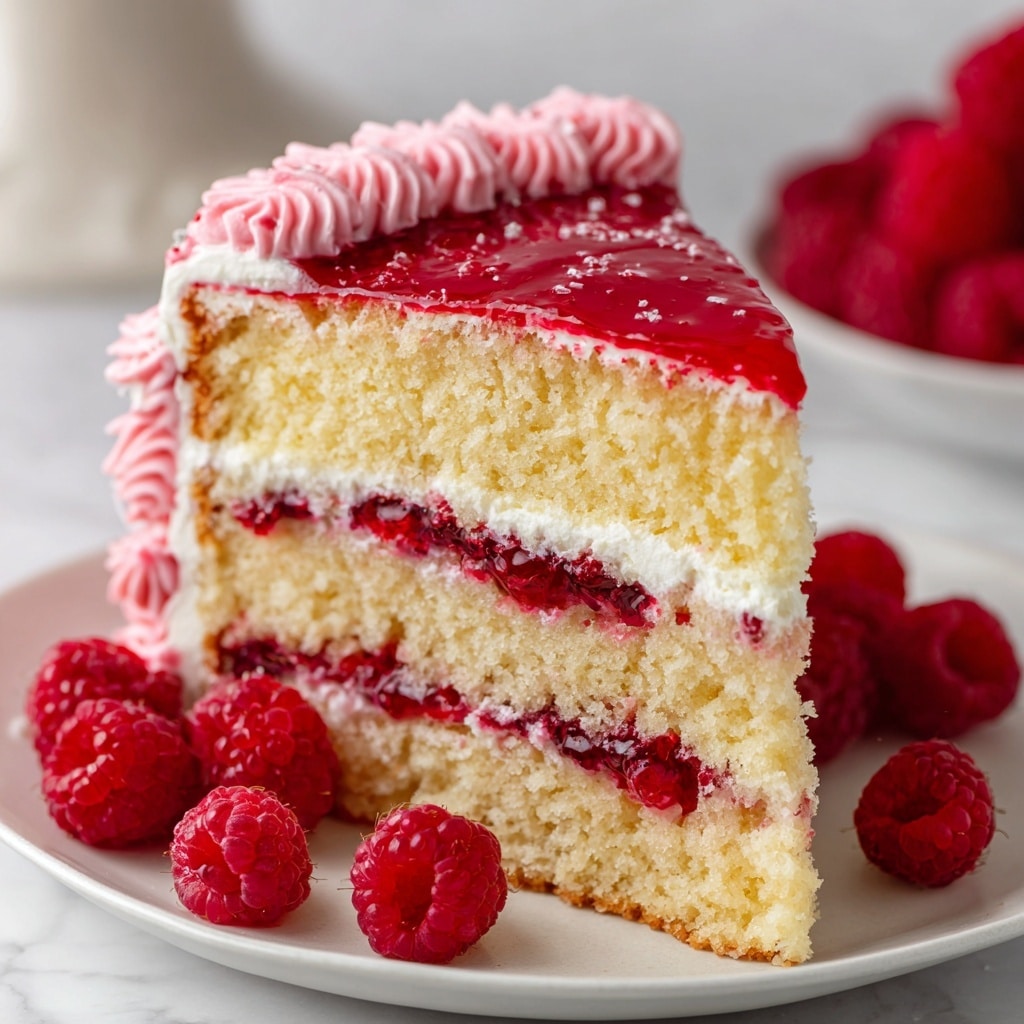 The image shows a slice of three-layer yellow cake with creamy white frosting and raspberry jam spread between the layers. The top of the cake is covered with a smooth, shiny red raspberry glaze, with pink piped frosting swirls along the edge. Fresh raspberries are placed around the base of the cake slice, all sitting on a white plate on a white marbled surface. The textures show soft cake, smooth creamy frosting, and glossy raspberry topping. Photo taken with an iphone --ar 4:5 --v 7