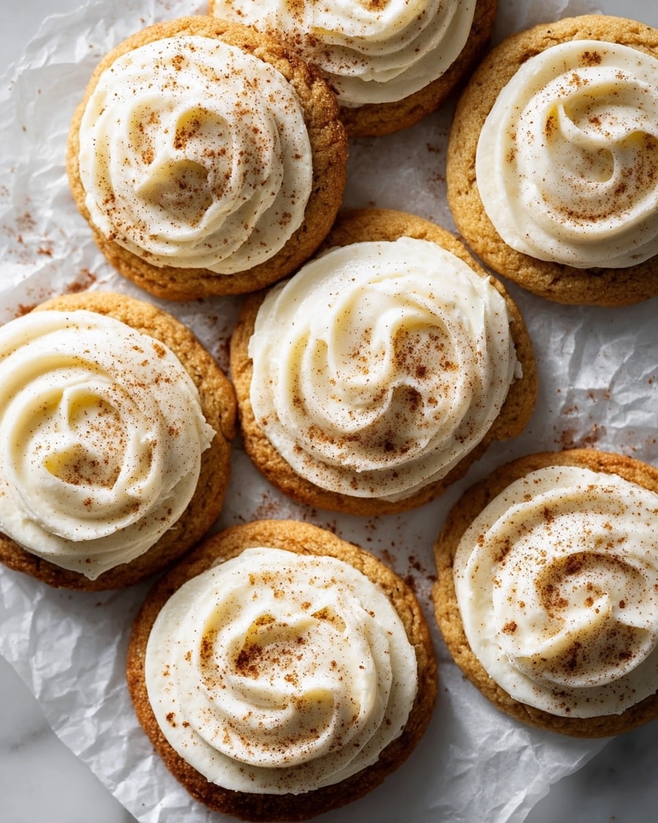 Seven round cookies lay close together on crumpled parchment paper over a white marbled surface. Each cookie has one golden-brown baked base layer with a soft texture and a thick, creamy white frosting swirled on top in a circular motion, forming one main layer. The frosting is lightly dusted with small specks of brown cinnamon powder. The cookies have a slightly rough and crumbly edge, and the texture of frosting looks smooth and fluffy. Photo taken with an iphone --ar 4:5 --v 7