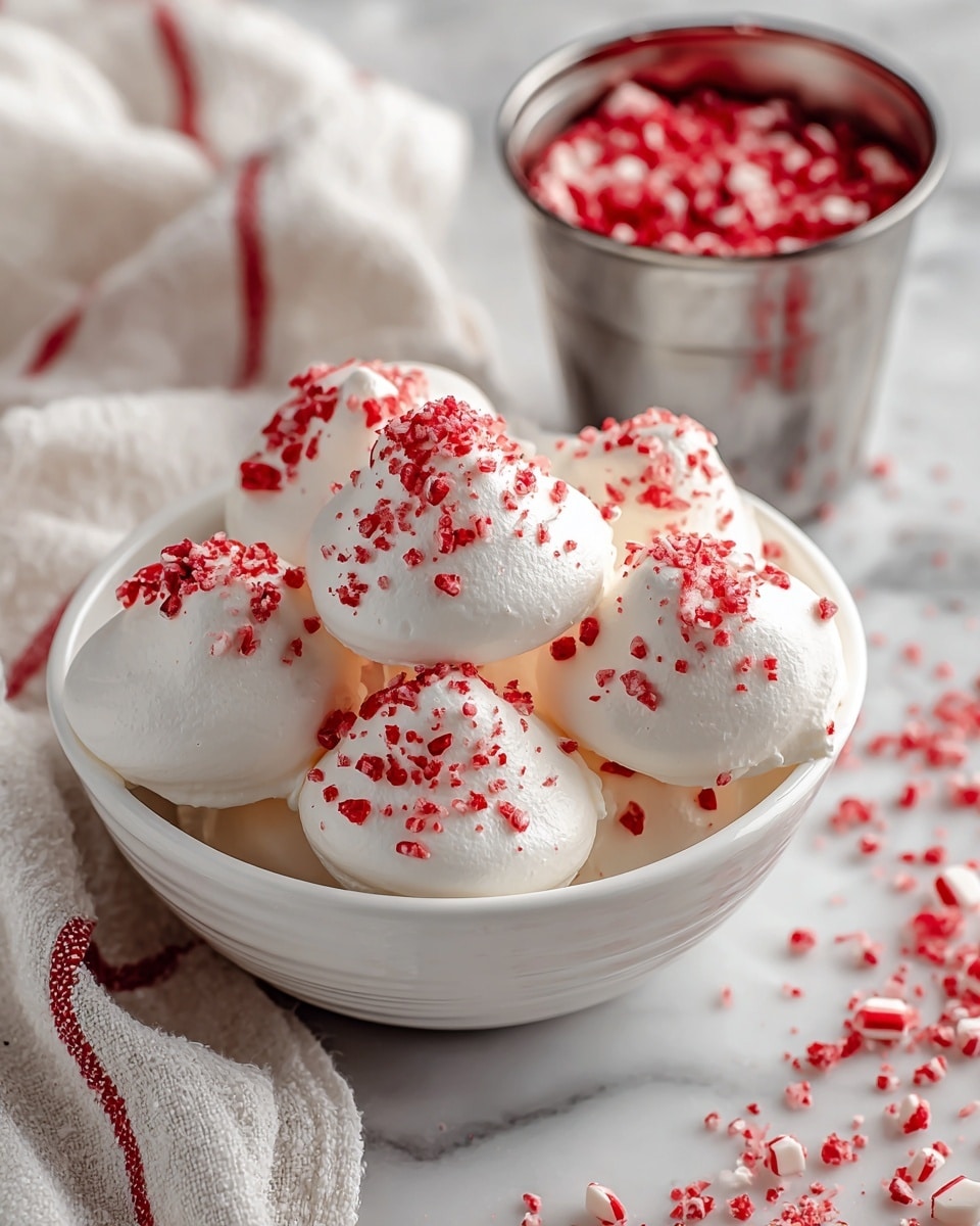 A white bowl filled with about ten small white meringue cookies, each with a pointed top and a smooth, glossy texture. The meringues are sprinkled with small red and white crushed peppermint candy pieces, adding a pop of color. Around the bowl on the white marbled surface, there are scattered bits of the same crushed candy. In the background, slightly out of focus, there is a metal bowl also filled with crushed peppermint candy and a red and white striped cloth. Photo taken with an iphone --ar 4:5 --v 7