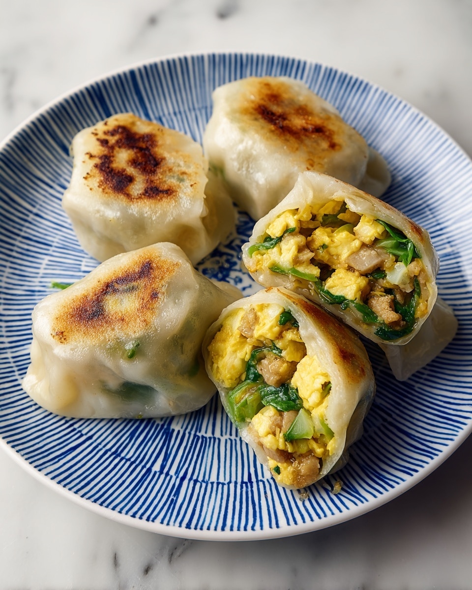 There are four pan-fried dumplings on a white plate with a blue circular pattern. Each dumpling has a thin, slightly translucent outer layer that is browned in spots on the top. Inside, the dumplings have a yellow scrambled egg layer mixed with green leafy vegetables and light brown pieces of meat. Two dumplings are whole, and two are cut open to show the soft, textured filling. The plate is set on a white marbled surface. photo taken with an iphone --ar 4:5 --v 7