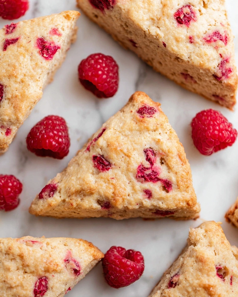 This image shows several triangular raspberry scones with a soft, slightly crumbly texture on a white marbled surface. Each scone is light brown with visible bright red raspberry pieces scattered throughout the dough. Around the scones, there are whole fresh raspberries adding a vibrant red contrast. The scones are cut thick, about one to two layers tall, with a rough, uneven edge that looks freshly baked. Photo taken with an iphone --ar 4:5 --v 7