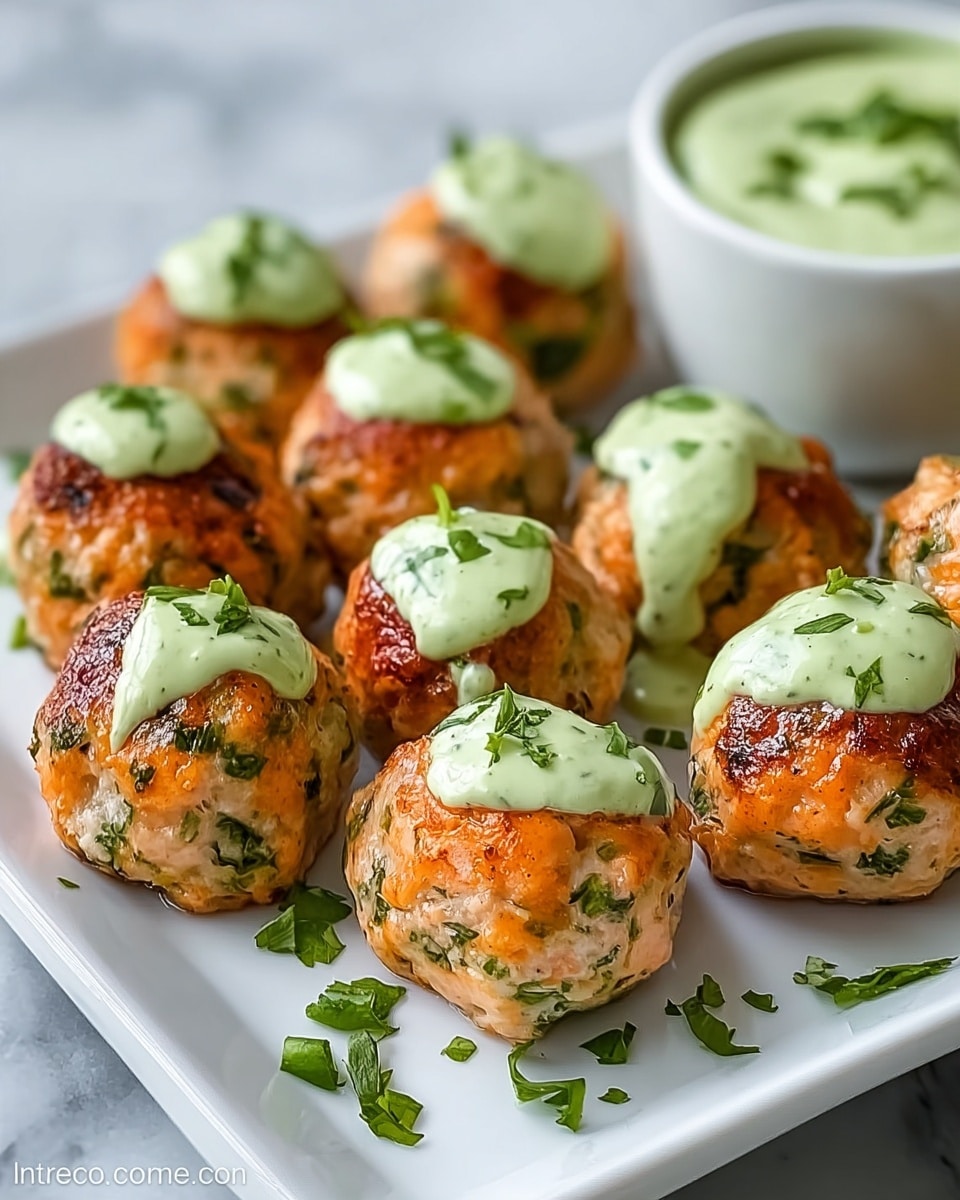 The image shows a white square plate with about a dozen round, golden brown salmon meatballs that have green herbs mixed inside them. Each meatball has a creamy light green sauce dolloped on top, and small fresh green herb pieces are scattered around the plate. In the background, there is a white bowl filled with more of the same light green sauce. The surface under the plate has a white marbled texture. photo taken with an iphone --ar 4:5 --v 7