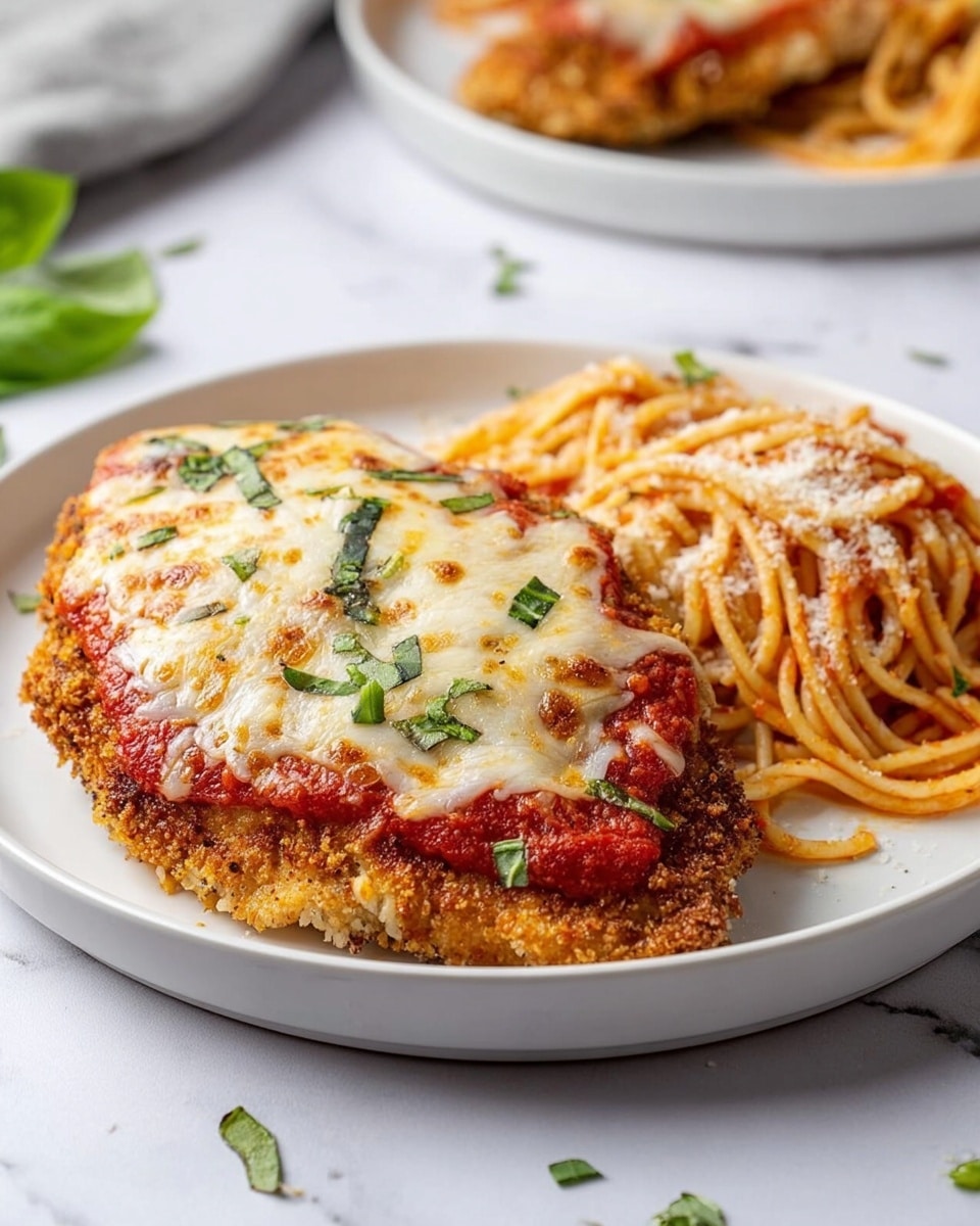 A white plate holds a piece of chicken parmesan with three visible layers: the bottom layer is golden-brown, crispy breaded chicken; the middle layer shows rich red tomato sauce spread evenly; the top layer is melted, bubbly mozzarella cheese with small green basil pieces sprinkled on top. To the right of the chicken are spaghetti noodles coated in red tomato sauce, also sprinkled with grated Parmesan cheese. The plate sits on a white marbled surface, with some scattered green basil leaves around and a second white plate with a similar dish blurred in the background. photo taken with an iphone --ar 4:5 --v 7