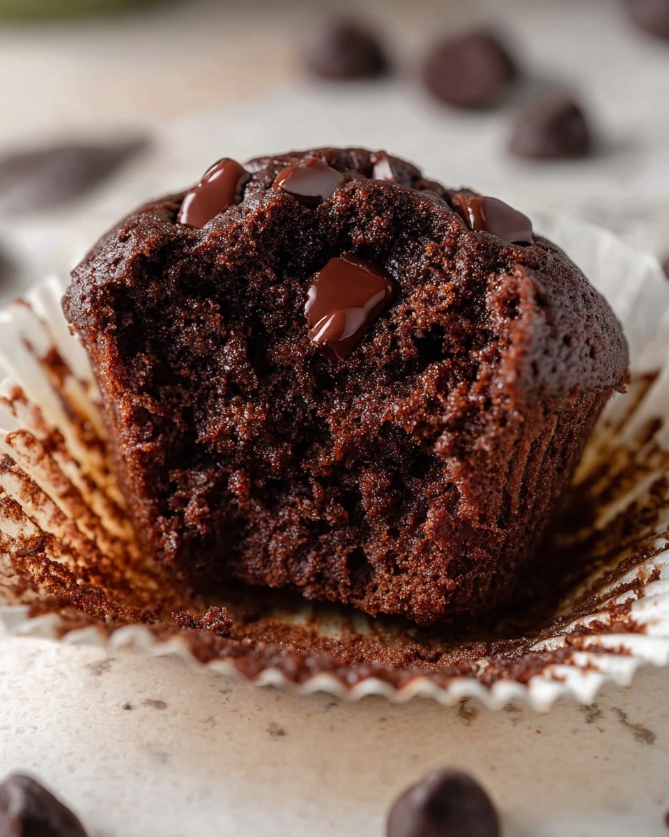 A close-up of a moist chocolate muffin torn in half, showing a rich, dark brown spongy texture with shiny melted chocolate chunks scattered inside. The muffin sits on a white paper liner that is slightly crumpled and stained with chocolate crumbs. The background features a white marbled texture with scattered chocolate chips around the muffin. Photo taken with an iphone --ar 4:5 --v 7