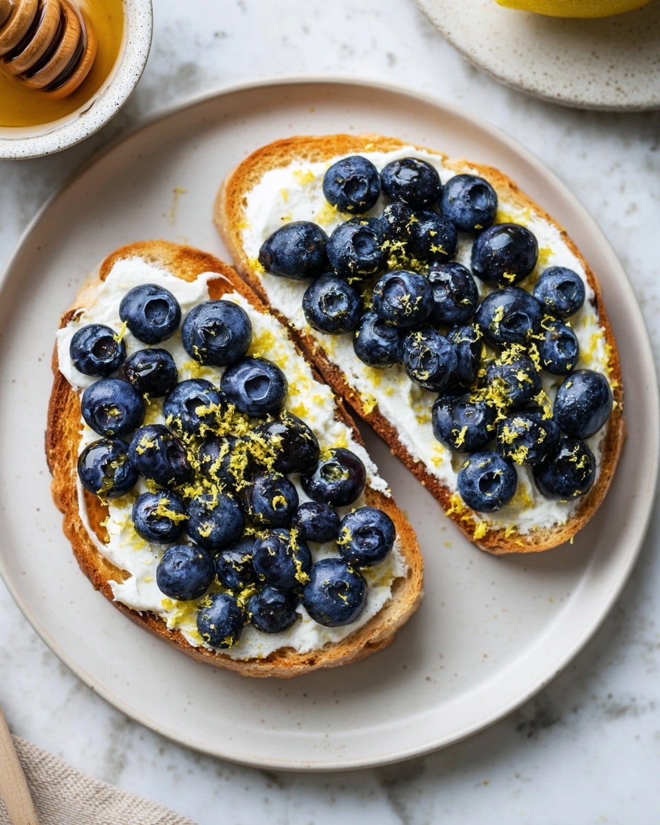Two slices of toasted bread are placed on a white plate on a white marbled surface. Each slice has a thick layer of white, creamy cheese spread evenly across the top. On top of the cheese, there is a generous amount of plump, dark blue blueberries arranged to cover the surface fully. Bright yellow lemon zest is sprinkled over the blueberries, adding a fresh contrast. Near the plate, there is a bowl with honey and a wooden honey dipper resting on the edge. Photo taken with an iphone --ar 4:5 --v 7