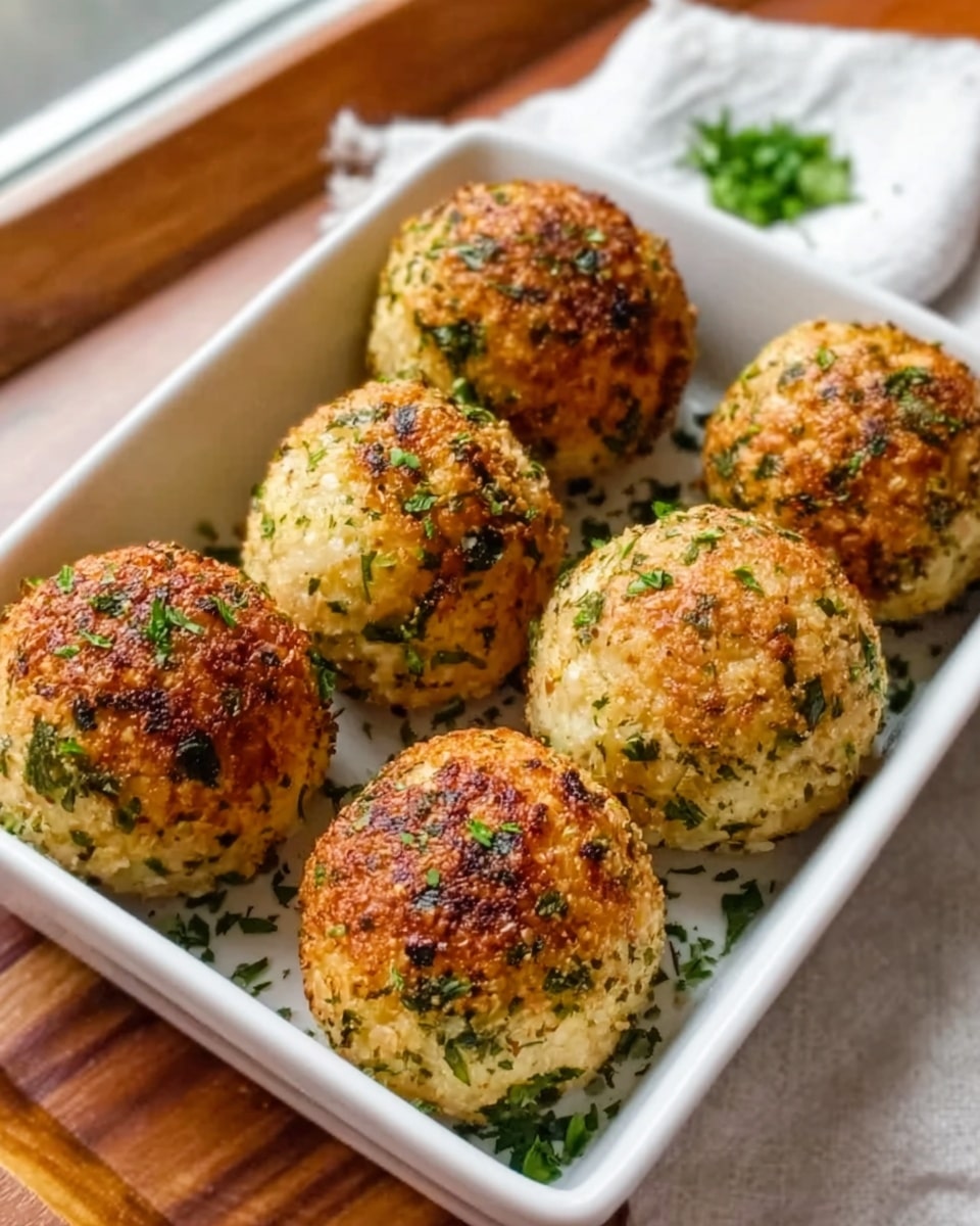 The image shows six round balls of food arranged neatly in a white rectangular dish. Each ball has a golden-brown crust with green herbs sprinkled evenly all over, giving a speckled look. The balls look baked or fried, showing slight crispiness with a rough, textured surface. In the background, there is a soft focus on a white blurred cloth with some green garnish pieces, all placed on a wooden surface with a white marbled texture. The photo taken with an iphone --ar 4:5 --v 7