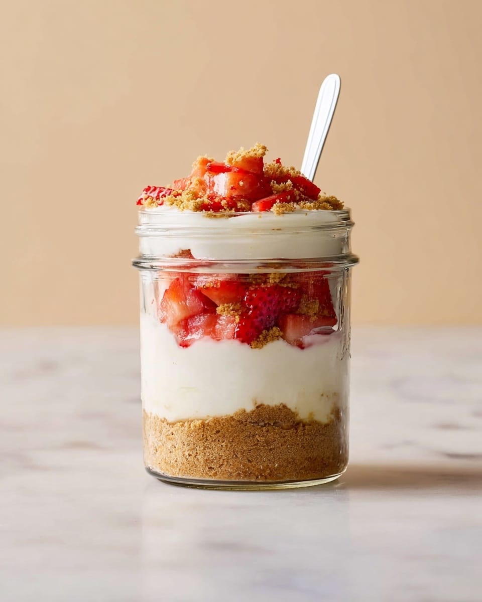 A clear glass jar shows a dessert with five distinct layers. Starting from the bottom, there is a thick layer of crumbly, light brown crushed graham crackers. Above that is a smooth, thick white cream layer. On top of the cream is another layer of crumbly crushed graham crackers, lighter and more even than the bottom. Next, there is a chunky layer of fresh, bright red chopped strawberries mixed with bits of cream. The top layer is a smooth white cream, garnished with more chopped strawberries and small bits of crushed graham crackers, with a white spoon sticking out from the top. The jar is placed on a white marbled surface with a soft, light beige background. photo taken with an iphone --ar 4:5 --v 7