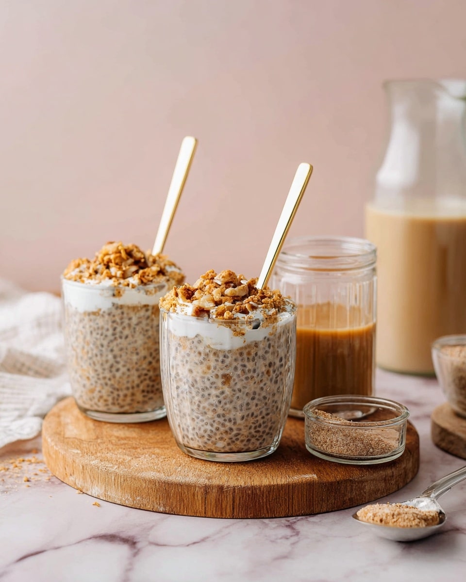 The image shows a clear glass cup filled with a creamy mixture containing small black chia seeds spread evenly throughout the beige base layer. On top of this base, there is a dollop of white cream or yogurt, crowned with a sprinkle of finely crushed brown crumbs and some whole or chopped nuts. A thin golden spoon is placed inside the glass on the right side, standing upright. To the left of the glass is a small clear glass bowl filled with the same brown crumb topping. The background and surface are white with a marbled texture, and soft neutral lighting highlights the textures and colors in the dish. Photo taken with an iphone --ar 4:5 --v 7