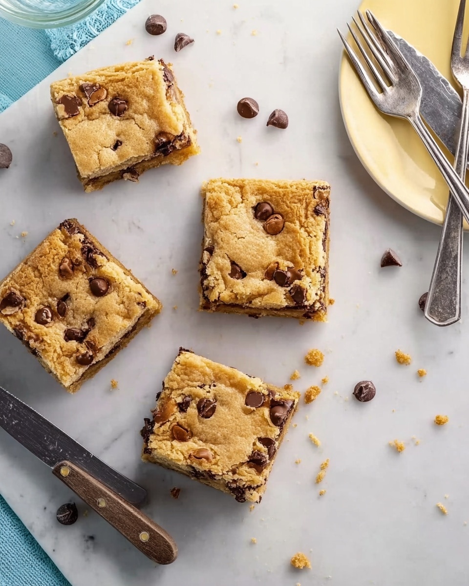 The image shows four square pieces of chocolate chip cookie bars arranged on a white marbled surface. Each bar has a golden-brown top layer with soft, slightly cracked texture, filled with dark brown chocolate chips scattered throughout. Small bits of chocolate chips are also sprinkled around the bars. To the right, there is a white plate with a light yellow tint holding two silver forks placed neatly. On the left, a silver knife with a dark handle lies next to the cookie bars, and a clear glass cup is partially visible. A woman's hand is not visible in this scene. photo taken with an iphone --ar 4:5 --v 7