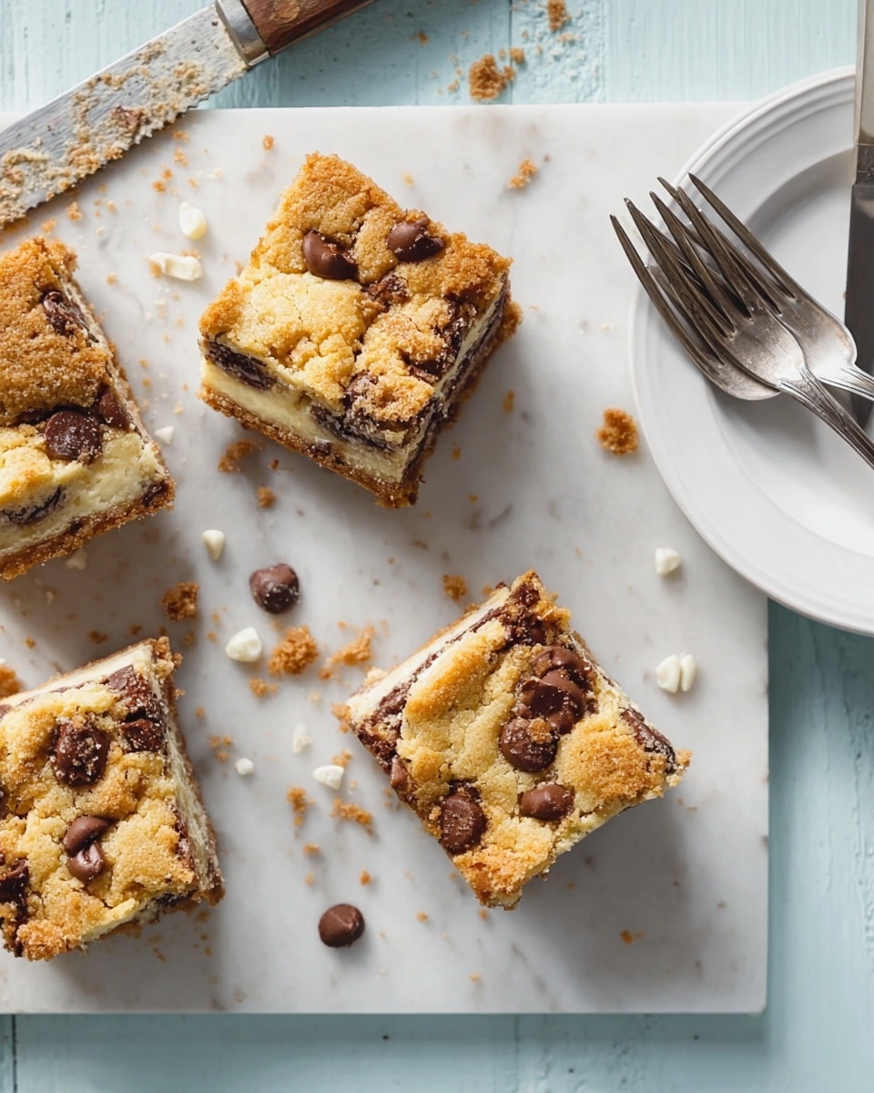 Four square pieces of chocolate chip cookie bars are shown on a white marbled surface, with visible soft, golden-brown cookie crusts studded with dark chocolate chips on top. Each bar has two visible layers: the top and bottom are thick, soft cookie dough with a rough, crumbly texture, while the middle layer is creamy and white, resembling a cheesecake filling. Small chocolate chips and white flakes are scattered around the bars, adding texture. To the right, a white plate holds two silver forks resting on it. A knife with crumbs on the blade lies near the top left of the bars. The scene has soft natural light, highlighting the warm tones and details. Photo taken with an iphone --ar 4:5 --v 7