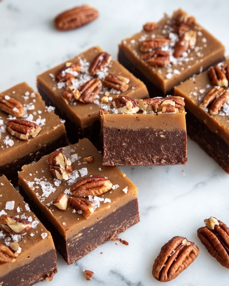 The image shows a close-up of a two-layer dessert bar being held by a woman's hand with glossy, light pink nail polish. The bottom layer is thick, dark brown, and fudgy with a rich texture, while the top layer is lighter brown, crumbly, and covered with chopped pecans and a few flakes of salt. In the background, there are two more square bars on a white marbled surface, scattered with pecans. The contrast between the fudgy base, the crumbly top, and the nutty garnish creates a visually appealing treat. photo taken with an iphone --ar 4:5 --v 7