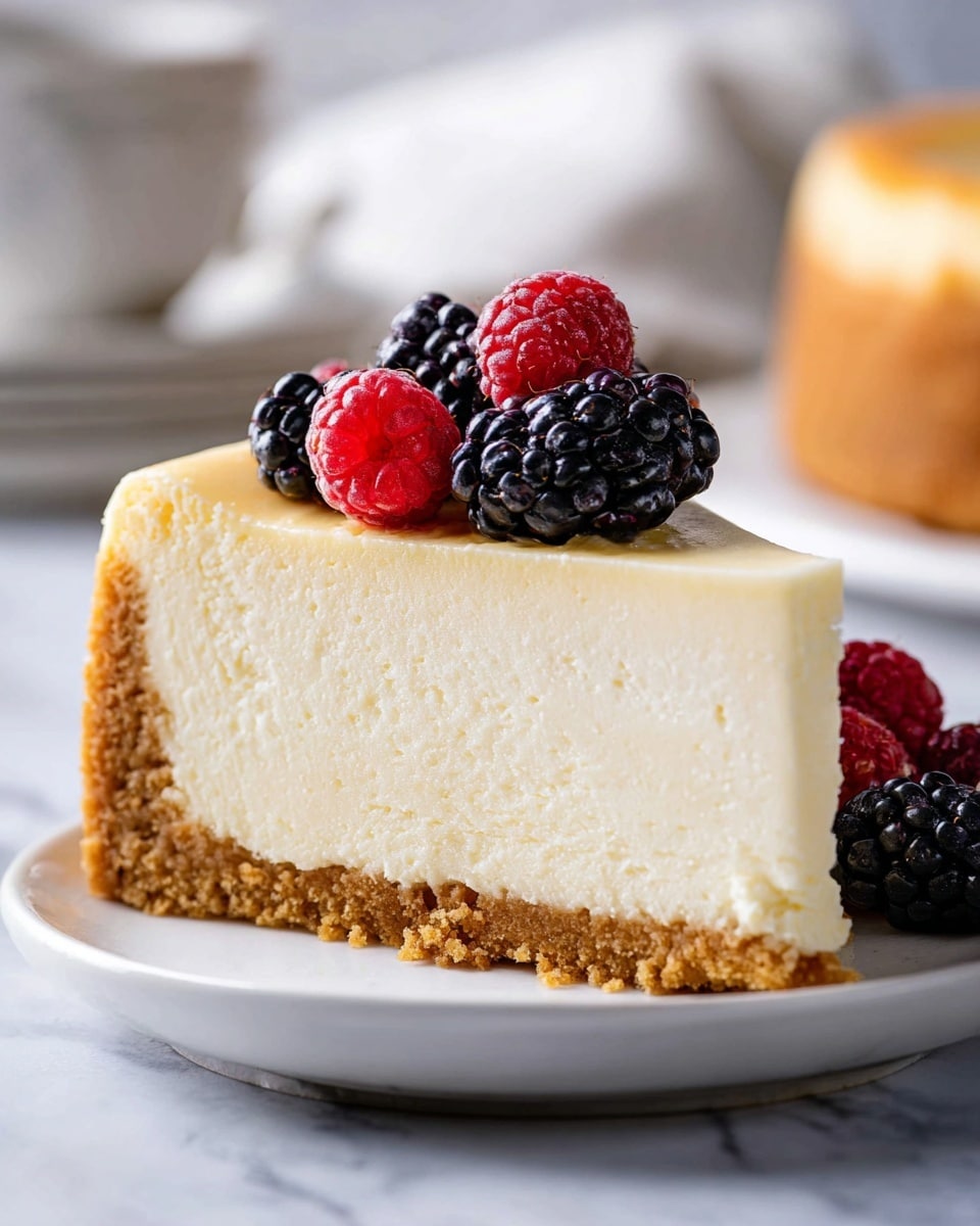 A close-up of a slice of cheesecake with two distinct layers: the bottom layer is a thick, crumbly, golden brown crust, and the top layer is a smooth, creamy, off-white cheesecake. The cheesecake slice is topped with fresh berries, including blackberries that are deep purple-black with a rough texture, and raspberries that are bright red with a bumpy surface. The slice sits on a white plate placed on a white marbled surface with a soft background blur. Photo taken with an iphone --ar 4:5 --v 7