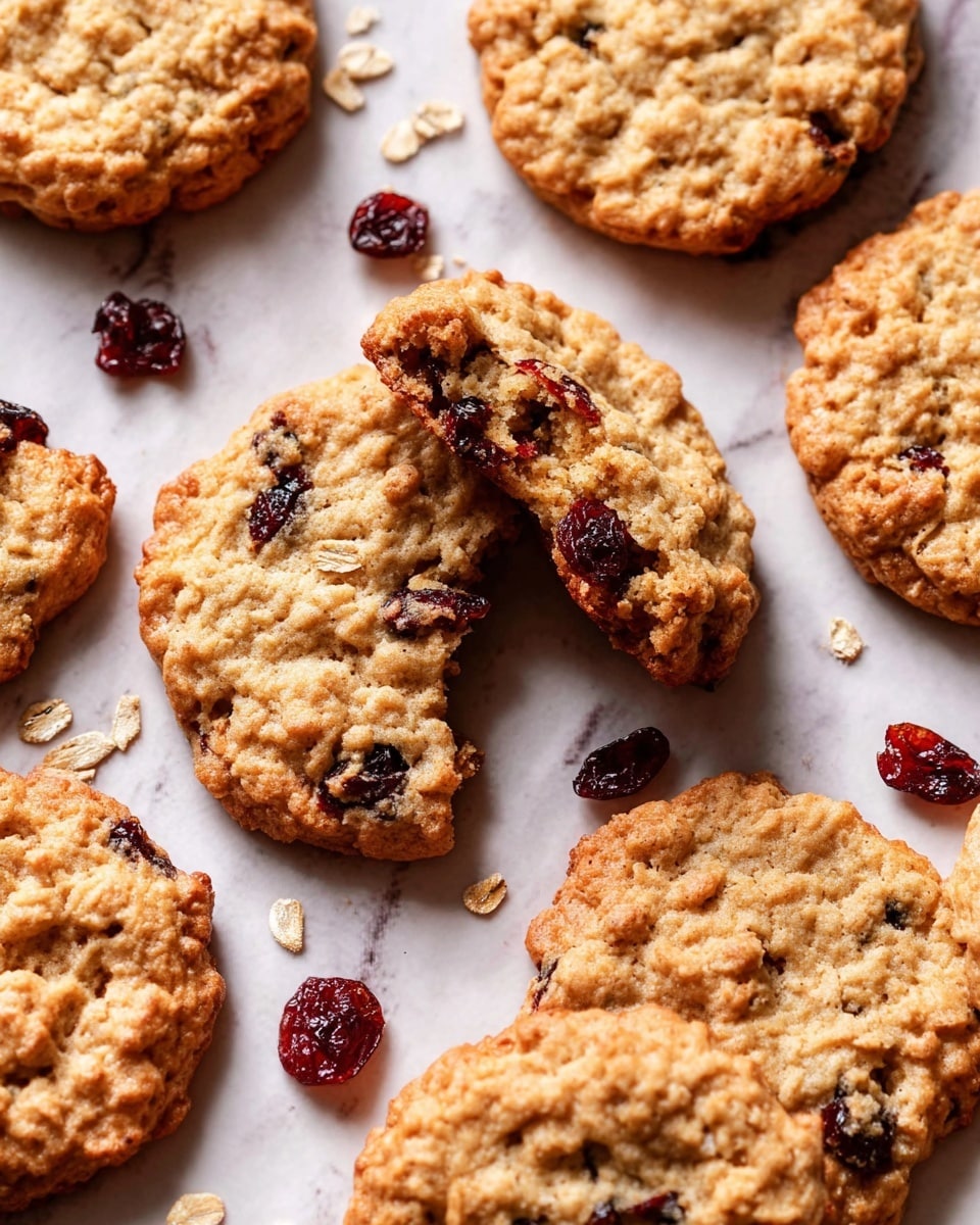 The image shows several round oatmeal cookies with a rough, bumpy texture from the oats, scattered on a white marbled surface. Each cookie is golden brown with visible pieces of dark red dried fruit inside and on top. In the center, one cookie is broken in half to reveal a crumbly, soft inside with embedded dried fruit pieces. Around the cookies, there are some loose dried fruit bits and oatmeal flakes, adding detail to the scene. The light highlights the uneven surface of the cookies, giving a warm, homemade feel. Photo taken with an iphone --ar 4:5 --v 7