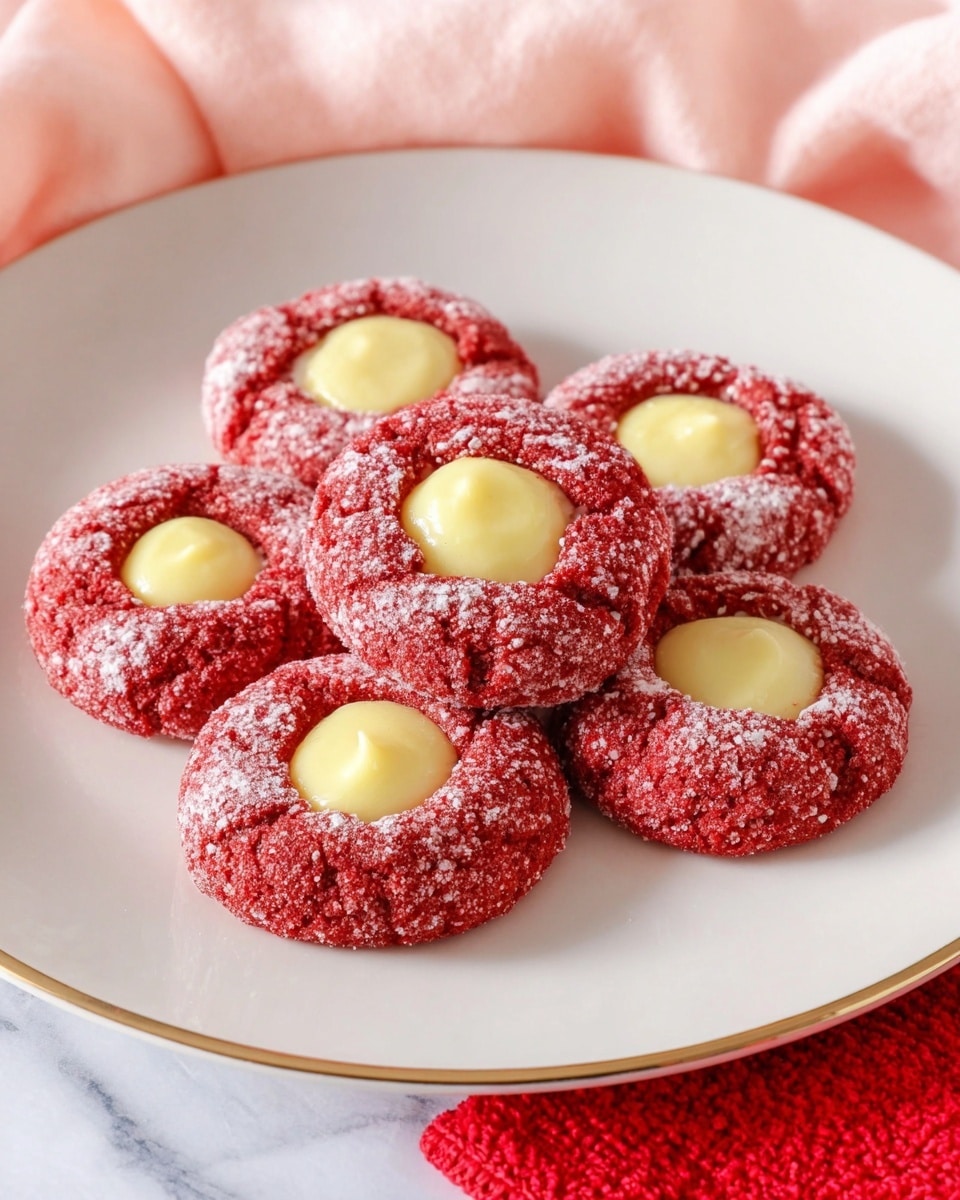 The image shows a group of red cookies with a creamy white dollop on top, arranged on a white plate with a thin gold rim, placed on a white marbled surface. Each cookie has one layer of soft red dough with a slightly cracked texture, topped with one smooth, pale yellow cream layer in the center. One cookie is broken in half, revealing its moist and crumbly red inside. The cookies are clustered close together, filling most of the plate. Photo taken with an iphone --ar 4:5 --v 7